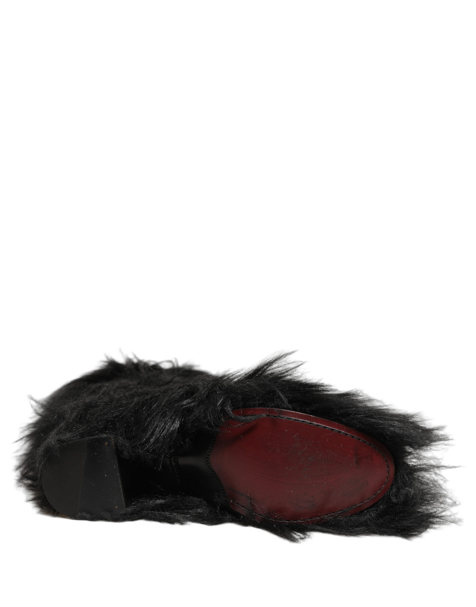 Bottes d'hiver noires en fausse fourrure mi-mollet de Dolce & Gabbana, chaussures élégantes pour la saison froide.