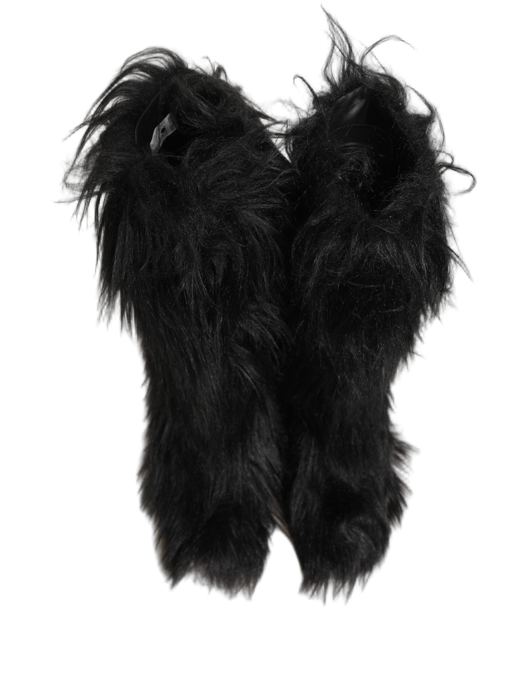 Bottes d'hiver noires en fausse fourrure mi-mollet de Dolce & Gabbana, chaussures élégantes pour l'hiver.