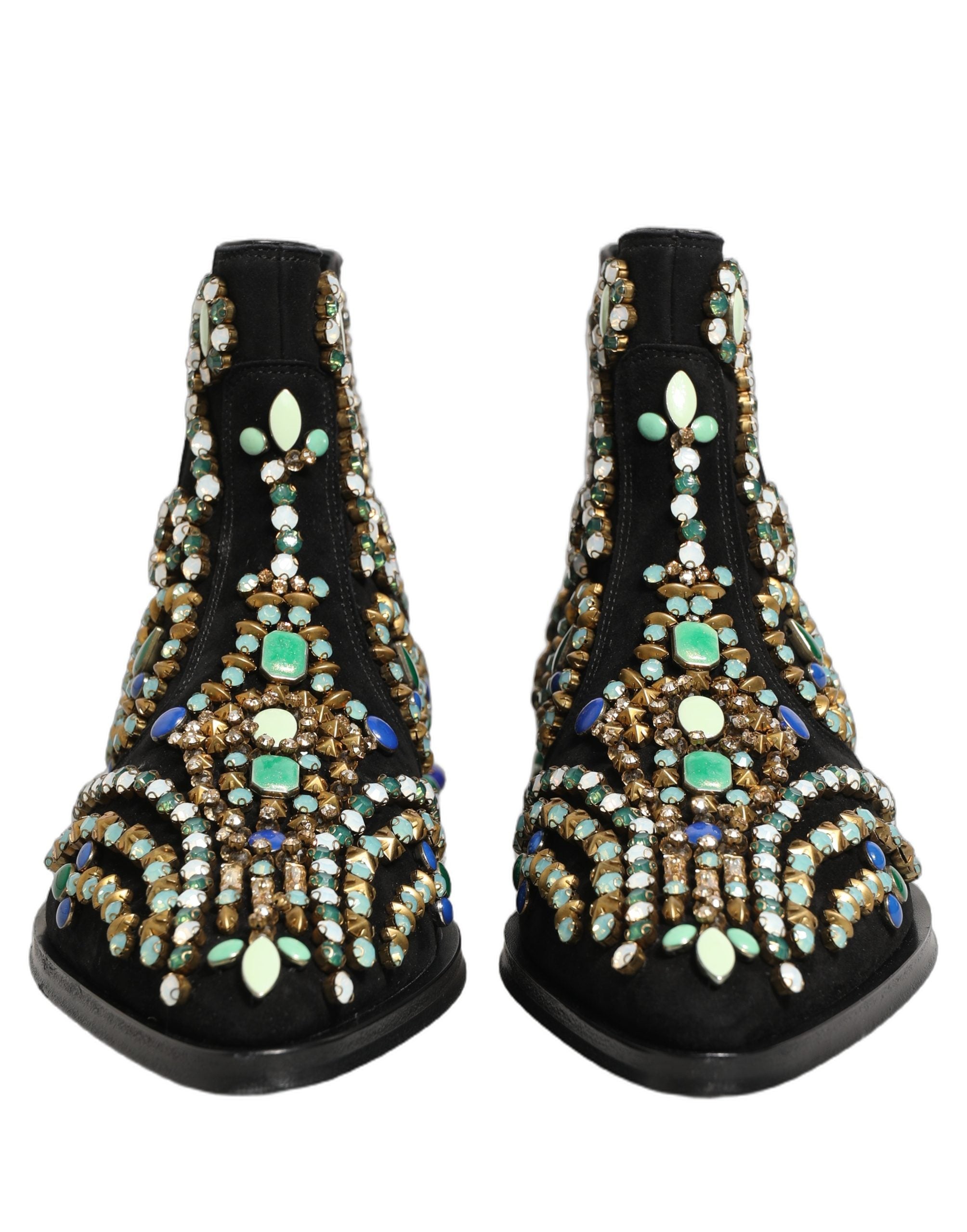 Bottes Chelsea noires Dolce & Gabbana avec embellissements, chaussures élégantes pour femme, semelle en cuir et design sophistiqué.