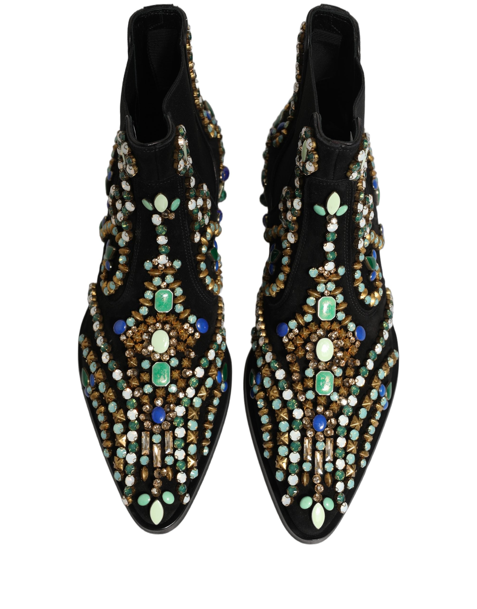 Bottines Chelsea noires Dolce & Gabbana avec embellissements, semelle en cuir et détails sophistiqués pour femmes.