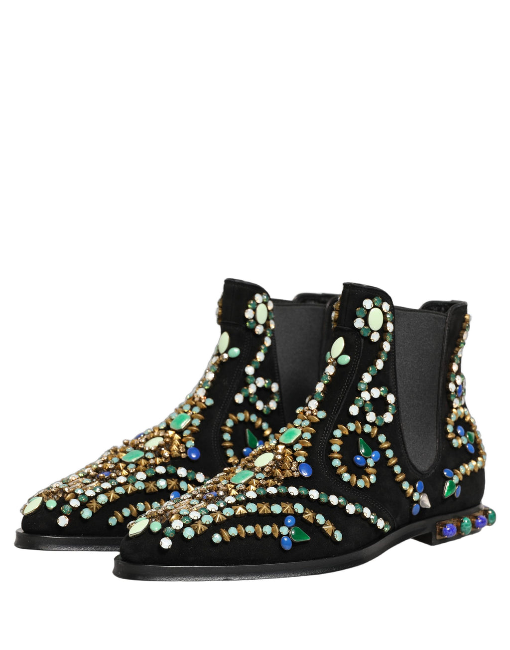 Bottes Chelsea noires Dolce & Gabbana avec embellissements, chaussure élégante pour femme, près du sol, en cuir avec détails brillants.