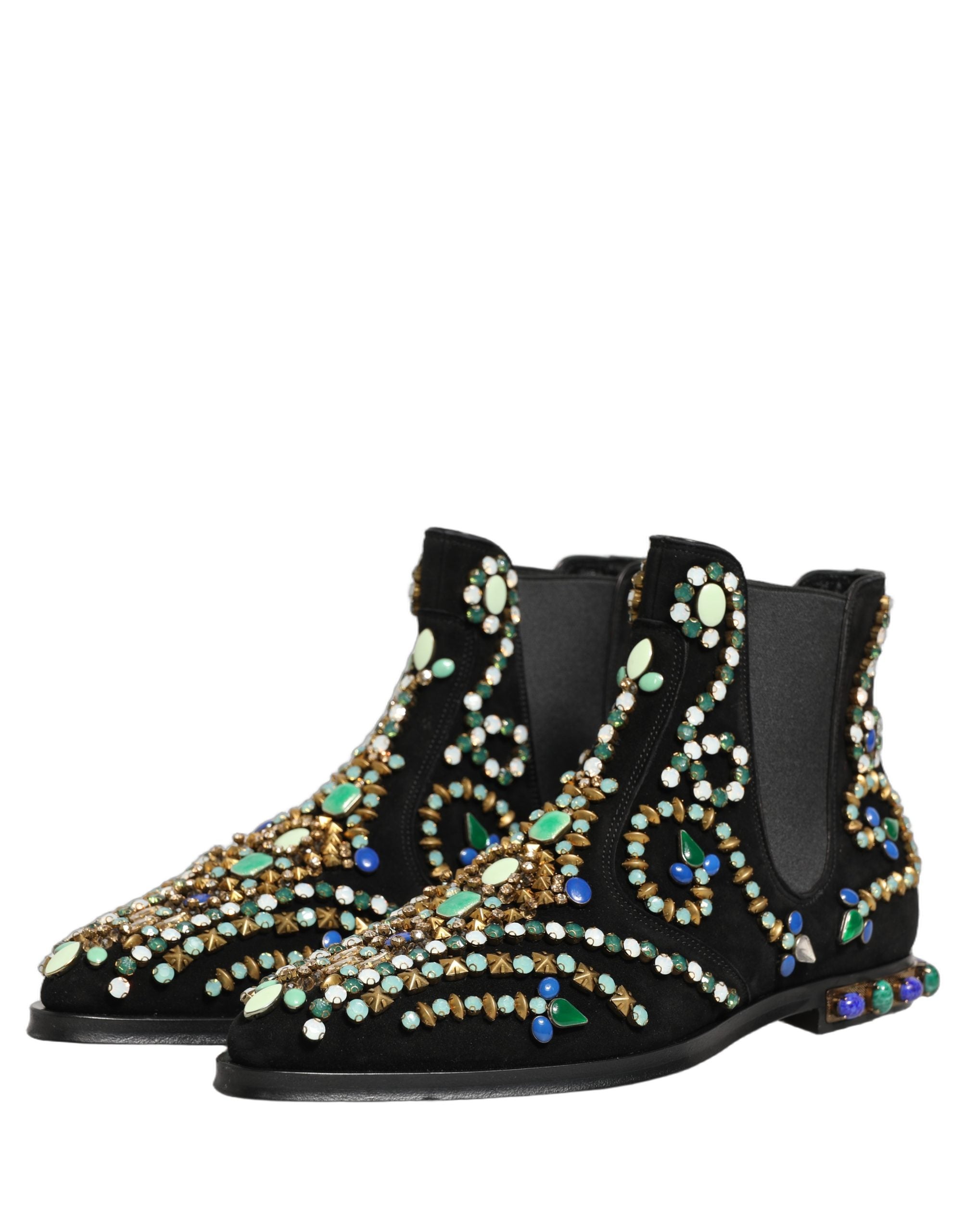 Bottes Chelsea noires Dolce & Gabbana avec embellissements, chaussure élégante pour femme, près du sol, en cuir avec détails brillants.