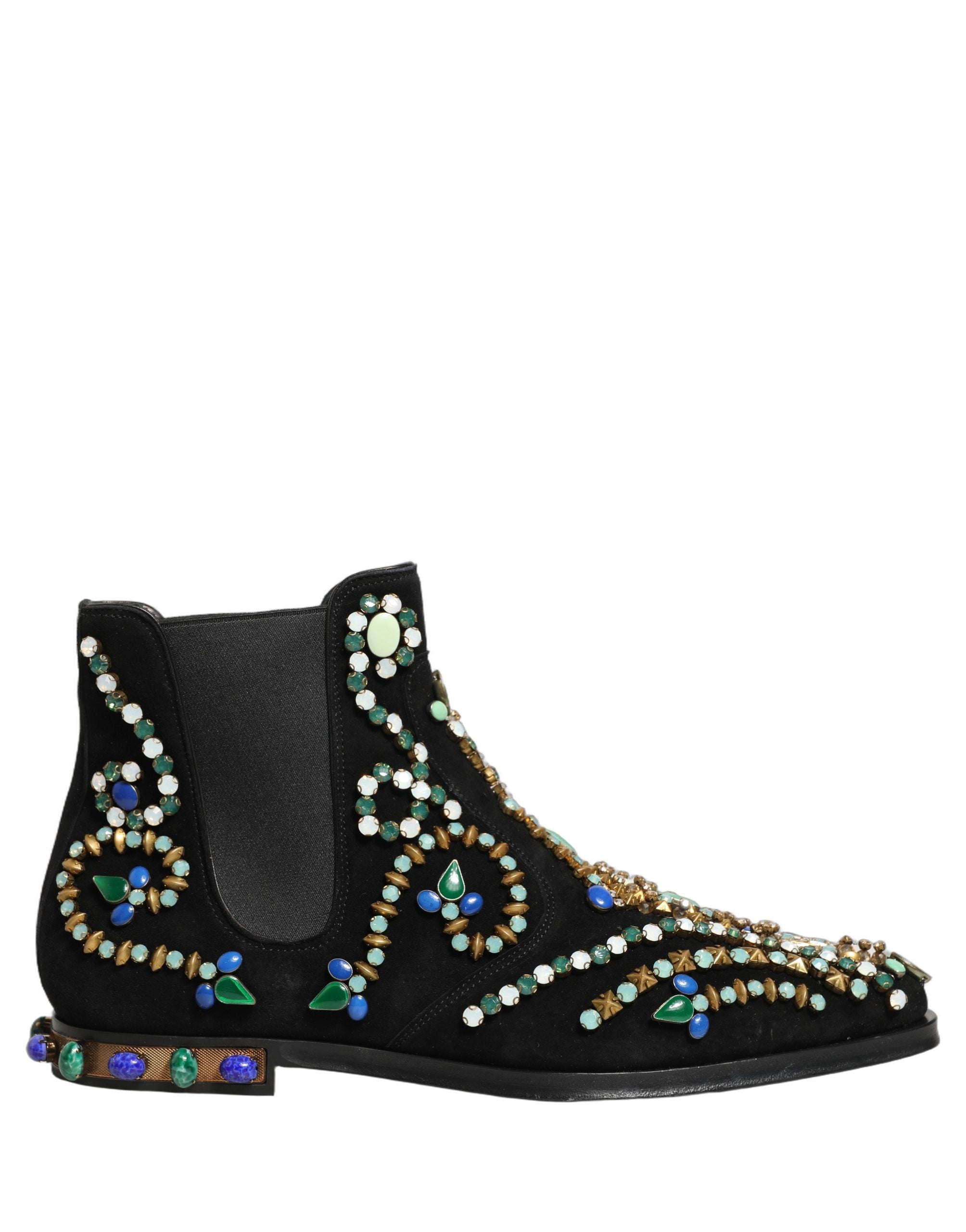 Bottines Chelsea noires Dolce & Gabbana avec embellissements, semelle en caoutchouc et design élégant, vue de face.