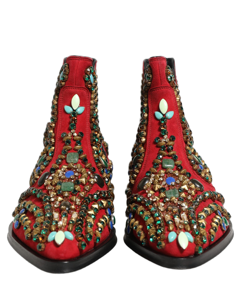 Bottes Chelsea rouges Dolce & Gabbana avec ornements brillants et détails sophistiqués, hauteur ankle, style élégant.