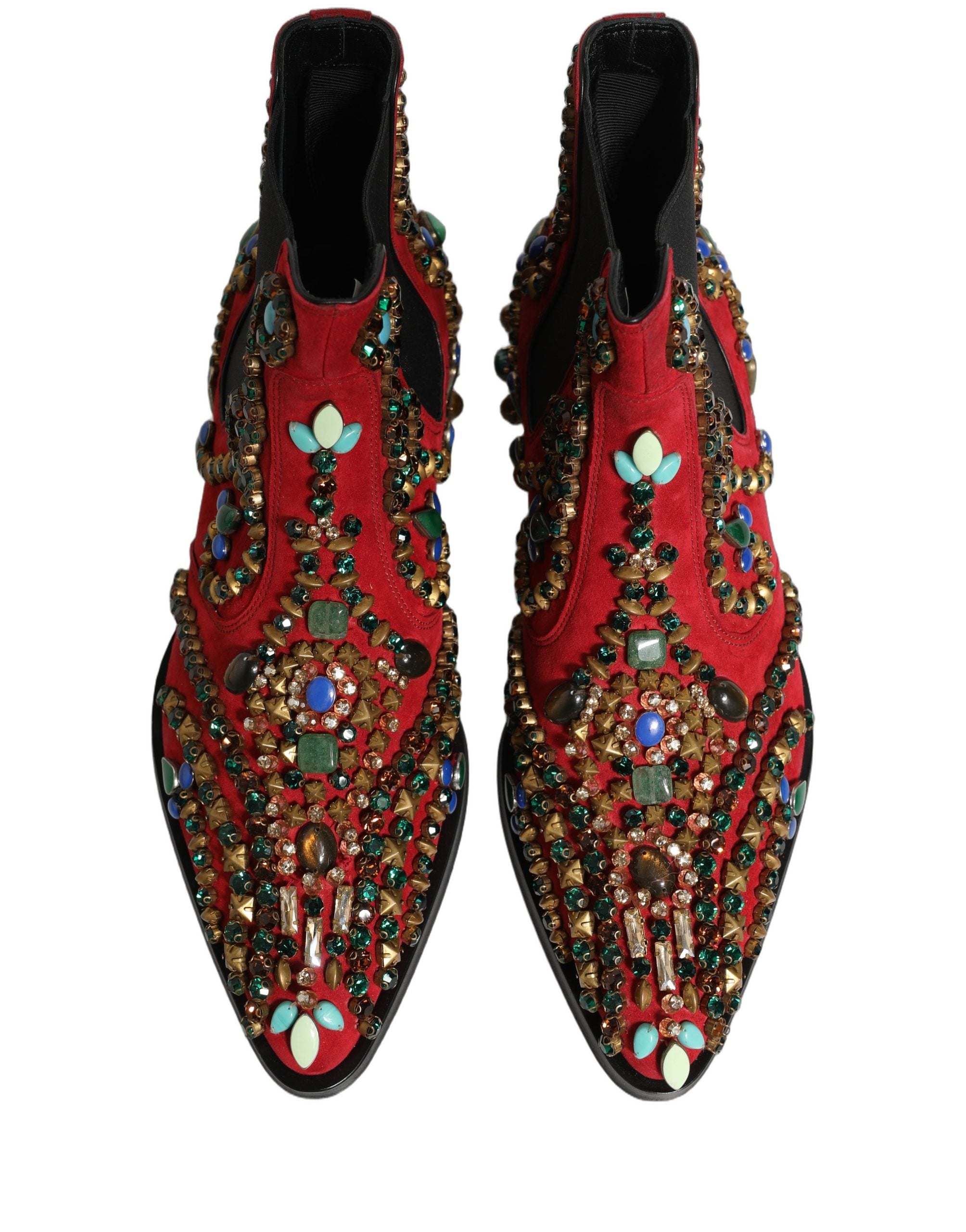 Bottines Chelsea rouges Dolce & Gabbana avec embellissements en cuir, style élégant et sophistiqué.