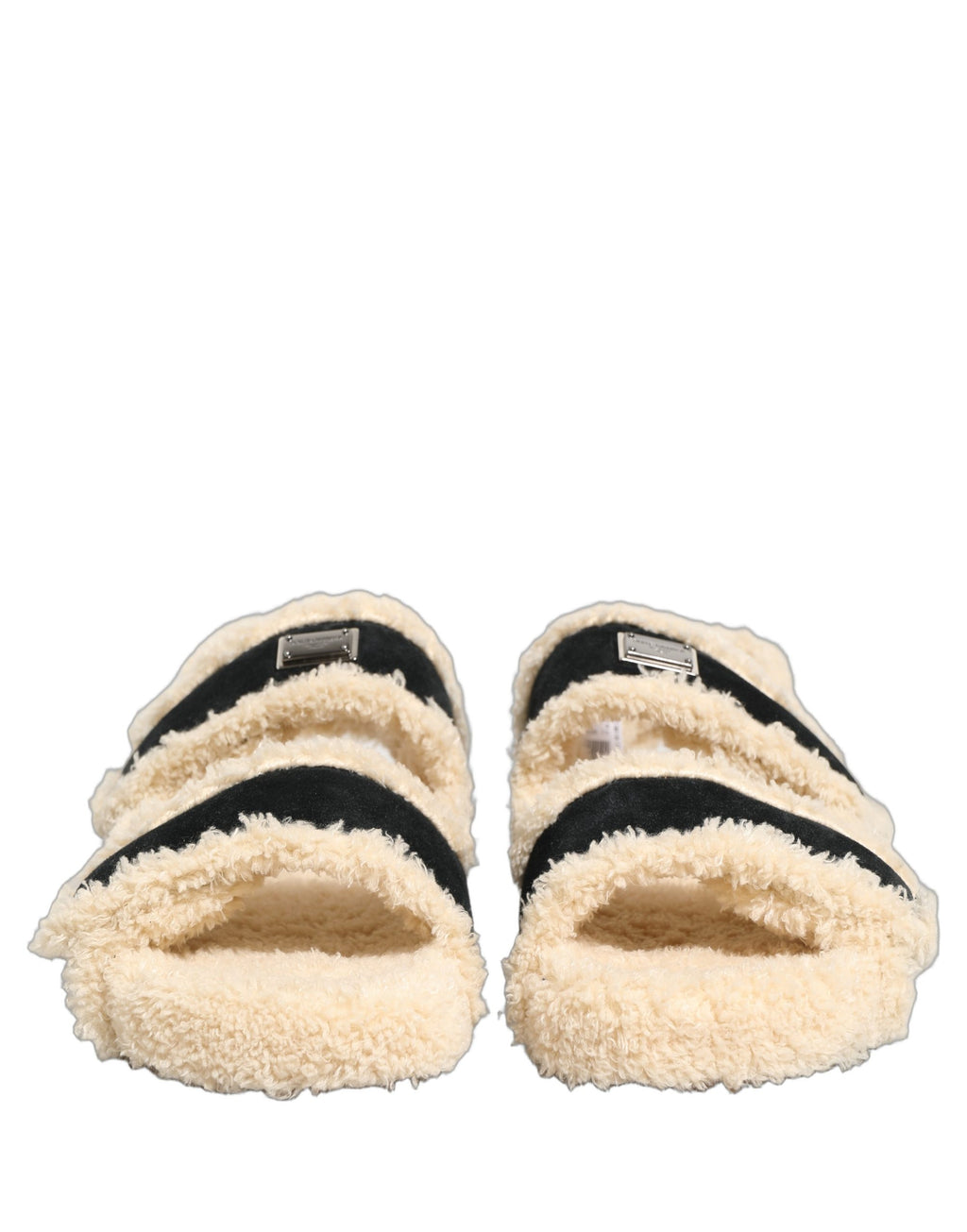 Sandales hommes Dolce & Gabbana en fausse fourrure beige et noire, chaussures élégantes et confortables.
