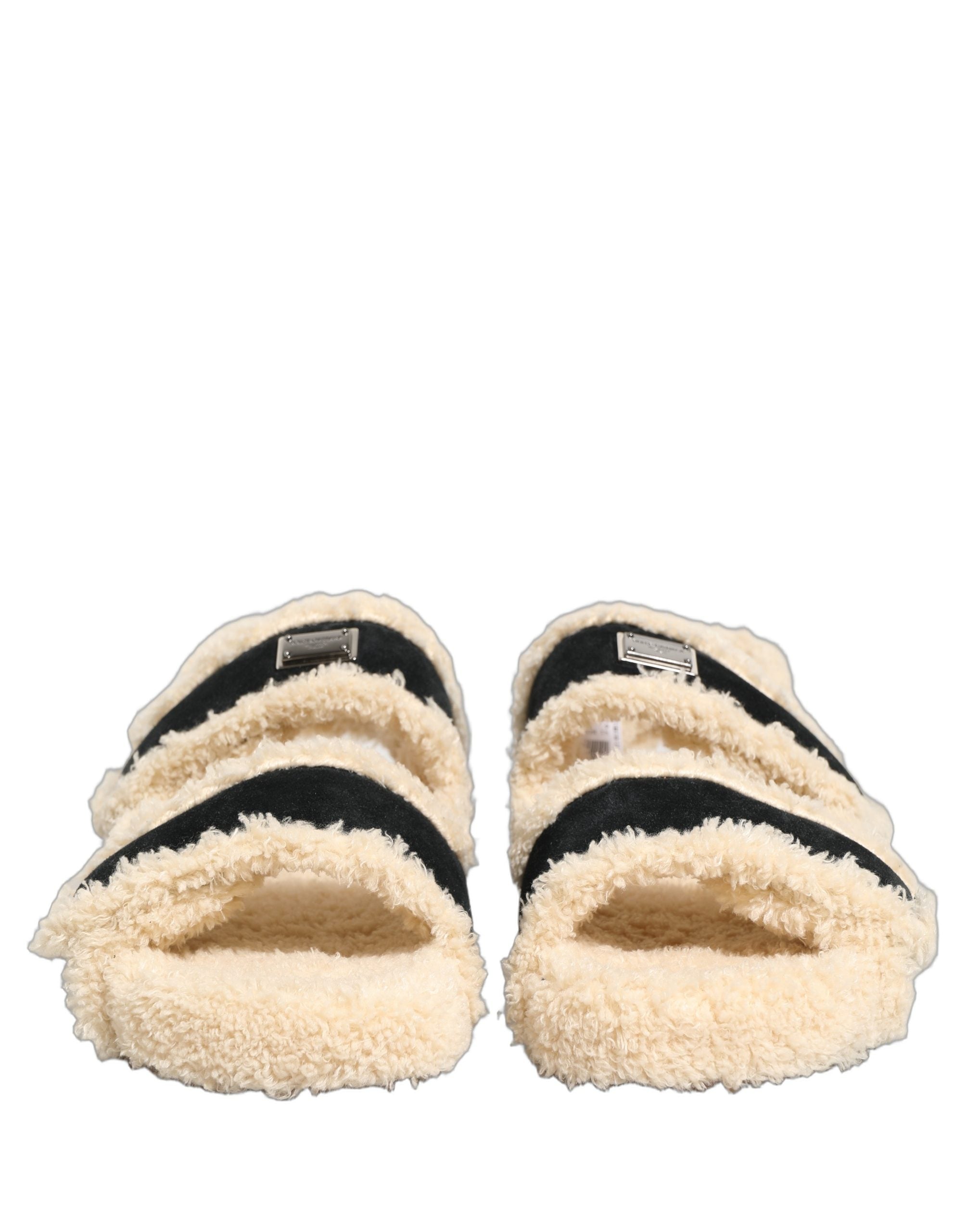 Sandales hommes Dolce & Gabbana en fausse fourrure beige et noire, chaussures élégantes et confortables.