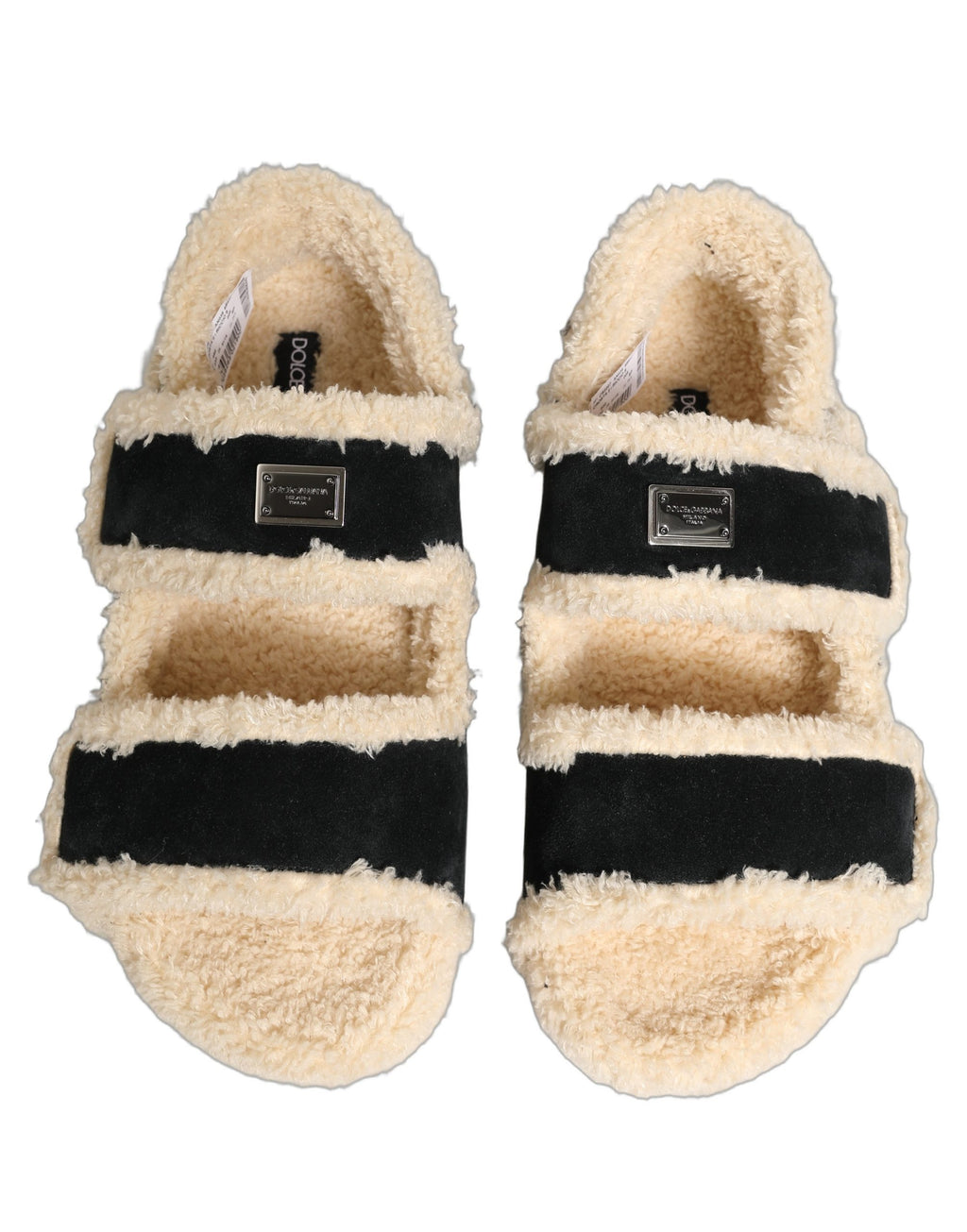 Sandales hommes Dolce & Gabbana en fourrure synthétique beige et noire, chaussures confortables et élégantes.