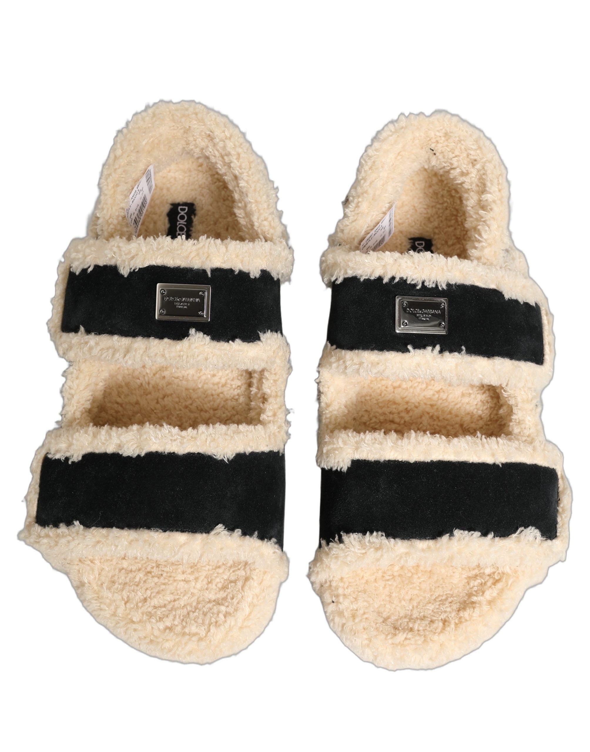 Sandales hommes Dolce & Gabbana en fourrure synthétique beige et noire, chaussures confortables et élégantes.