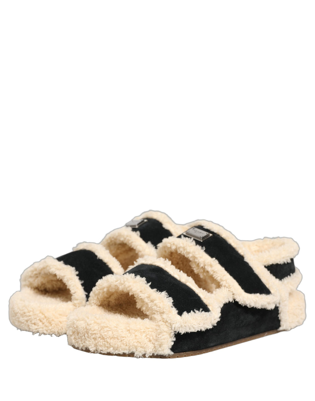 Sandales pour hommes Dolce & Gabbana en fausse fourrure beige et noire, chaussures plates élégantes et confortables.