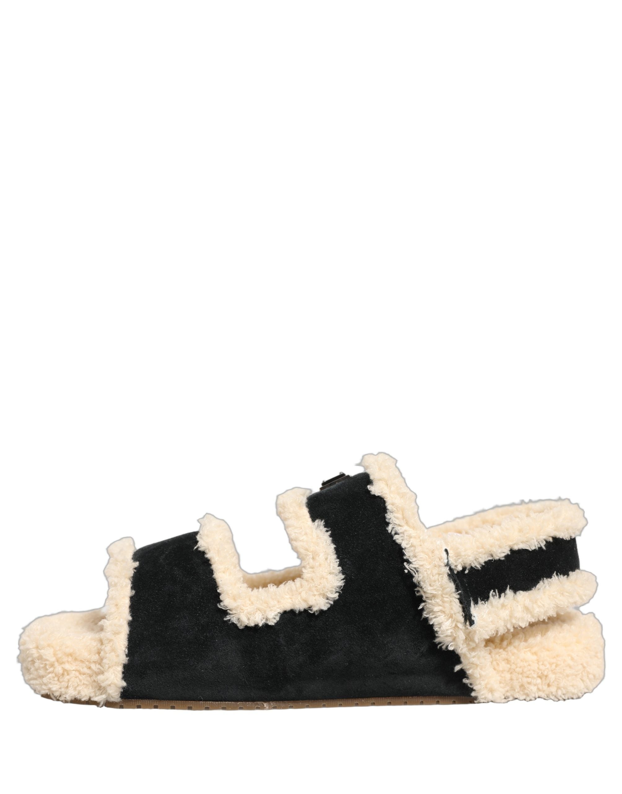 Sandales pour hommes Dolce & Gabbana en fausse fourrure beige et noire, chaussures élégantes et confortables.