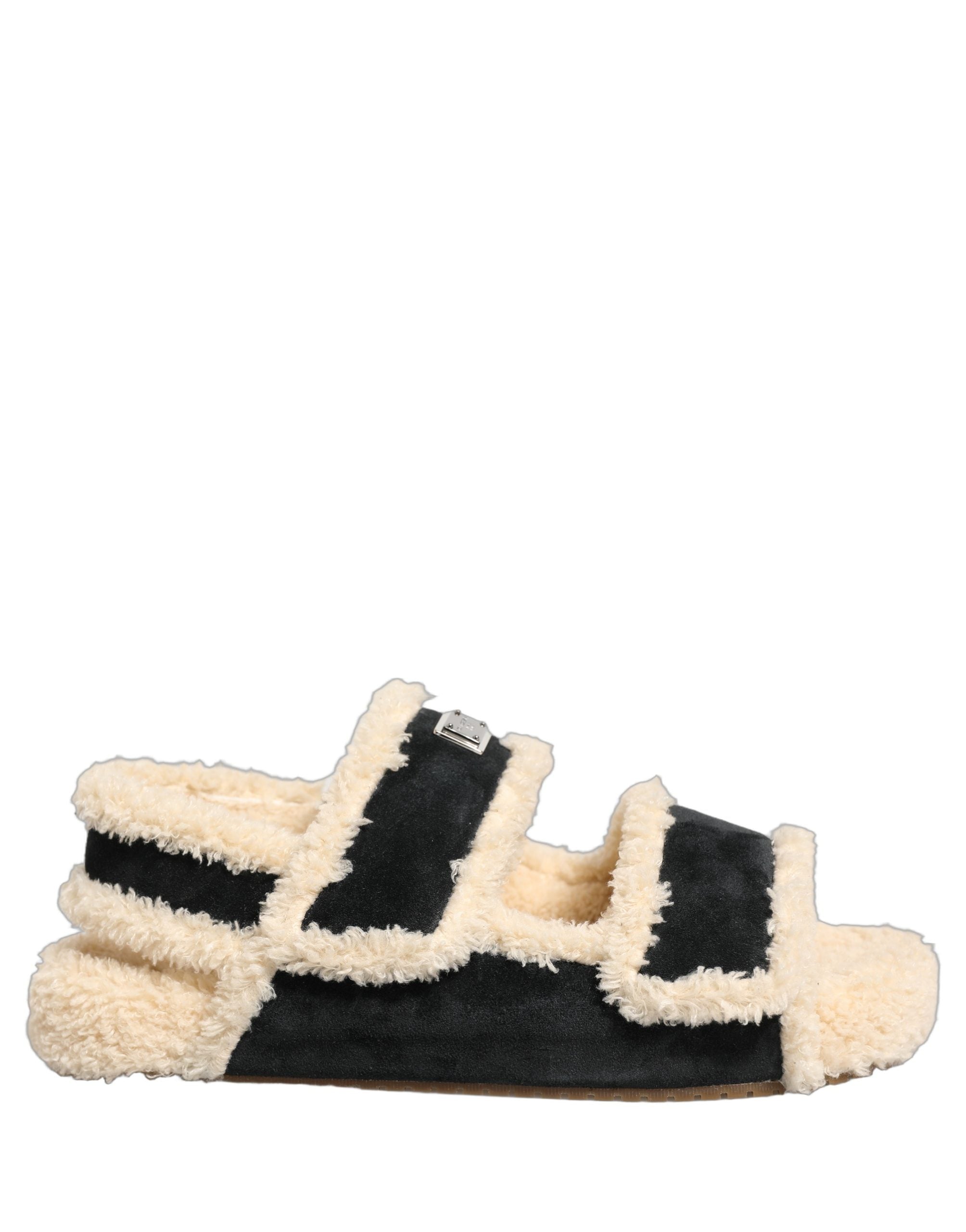 Chaussures homme Dolce & Gabbana, sandales plates en fausse fourrure beige et noir avec semelle en cuir.