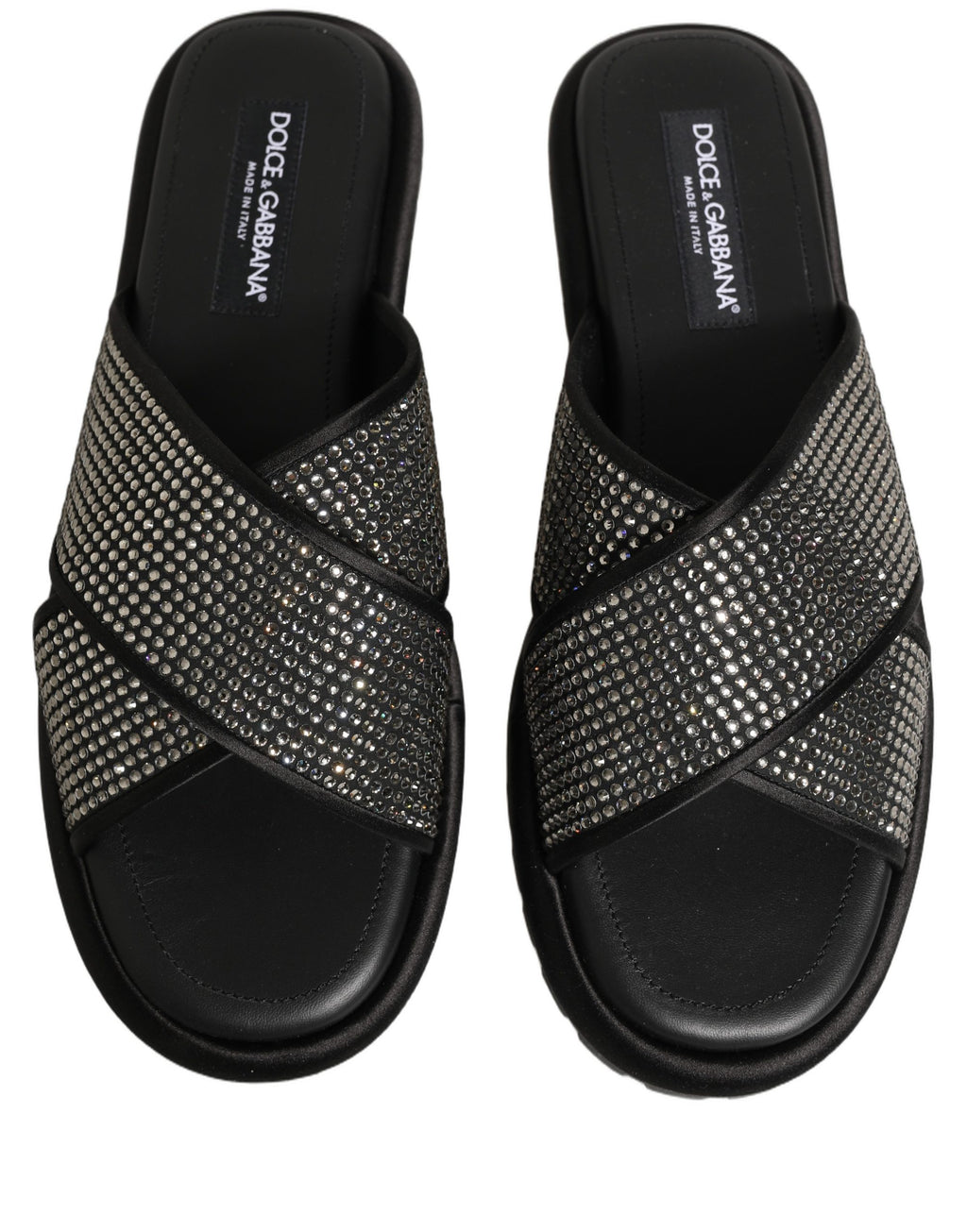 Sandales plates Dolce & Gabbana noires en strass avec croisements, chaussures élégantes et tendance pour femmes.
