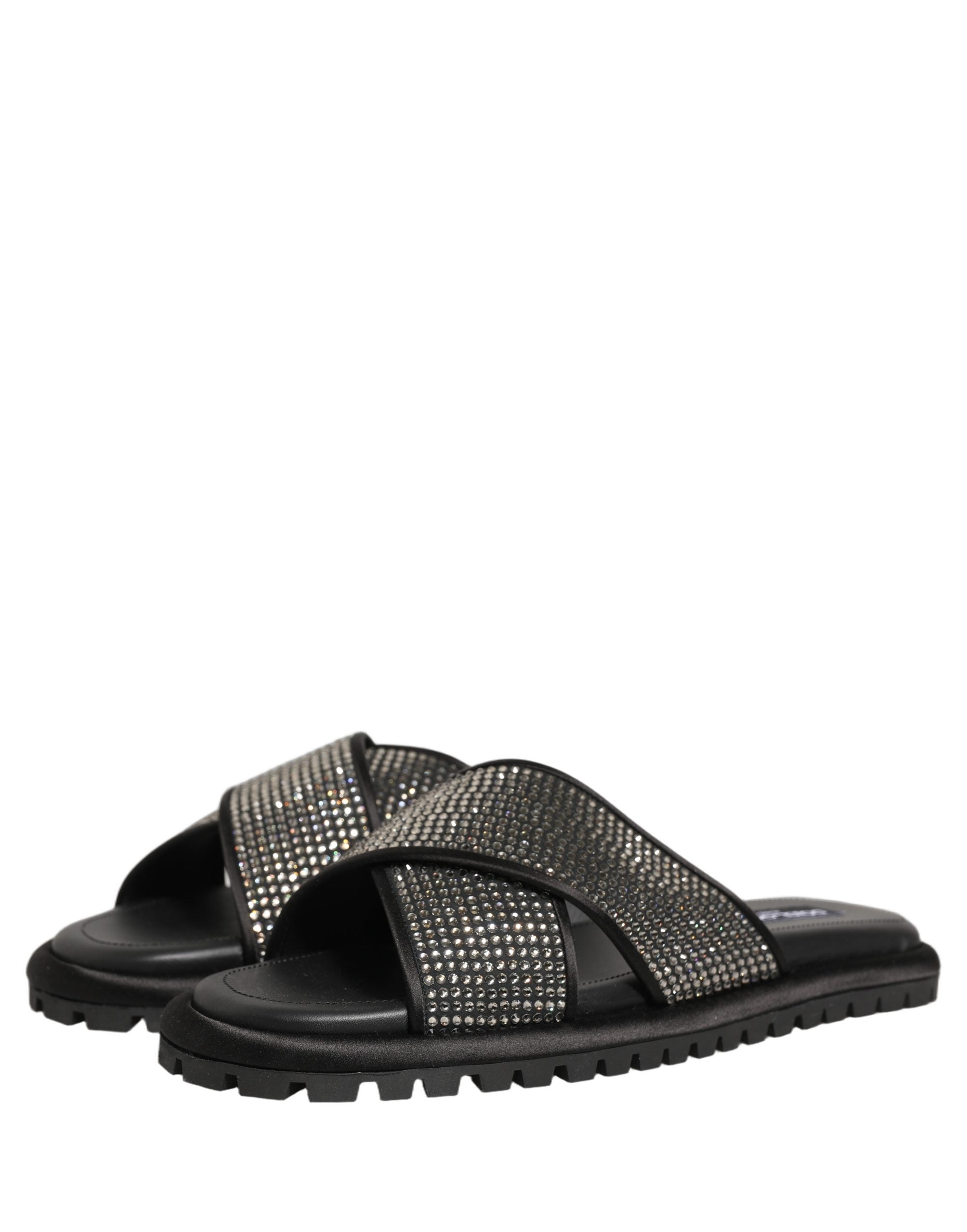 Sandales à plateforme Dolce & Gabbana noires en strass avec bride croisée, chaussures élégantes et tendance.