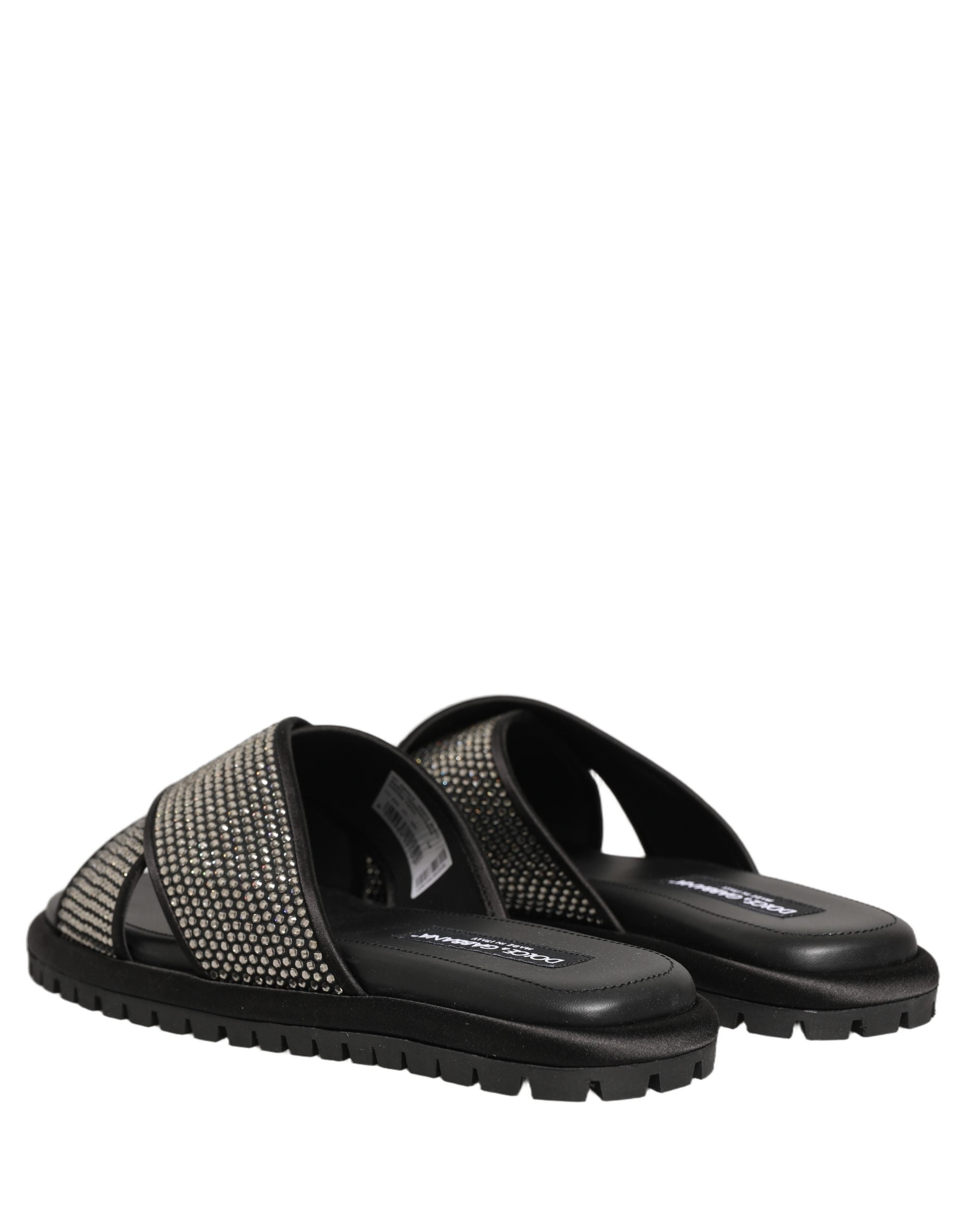 Sandales Dolce & Gabbana noires en strass à brides croisées, chaussures élégantes en cuir avec détails brillants.