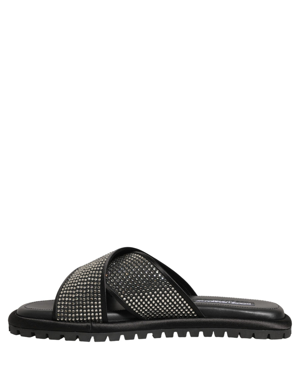Sandales Dolce & Gabbana à talons plats, noires avec strass et bride croisée, chaussures élégantes en cuir pour femmes