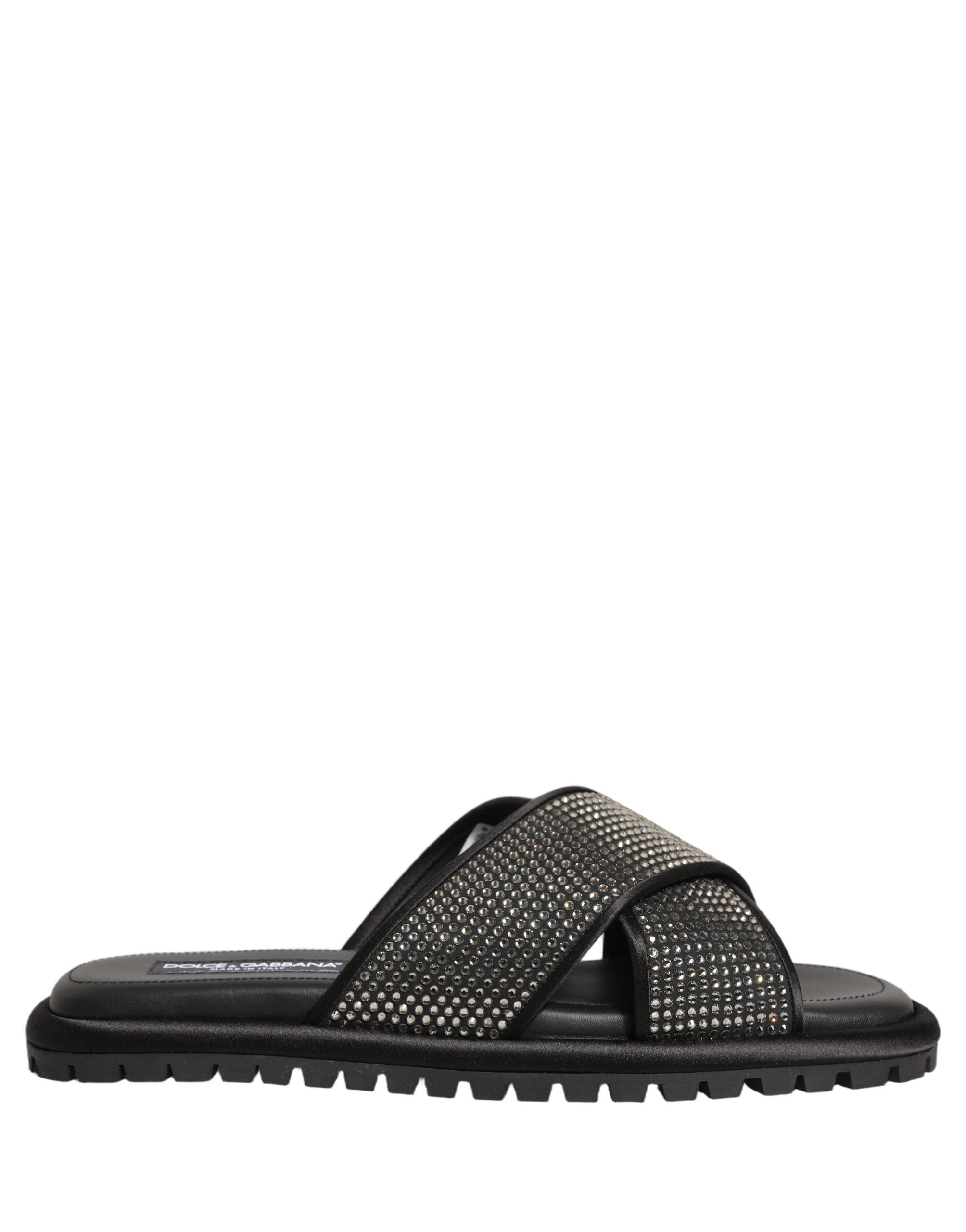 Sandales Dolce & Gabbana noires en strass, style à croisillons, chaussures élégantes pour femmes.