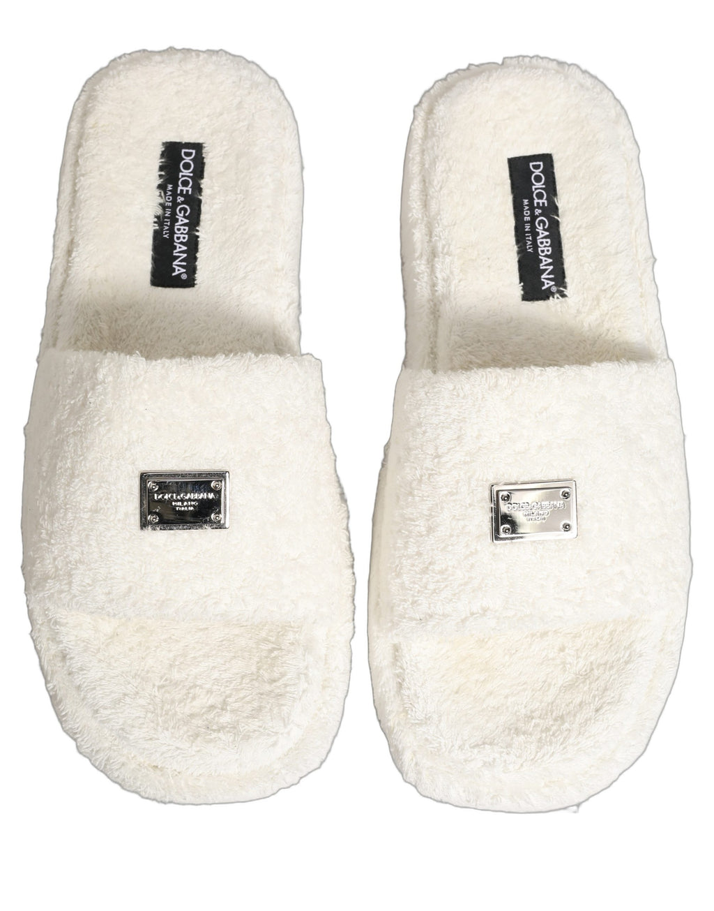 Sandales hommes Dolce & Gabbana en fausse fourrure blanche, chaussures plates à glissière élégantes et confortables.