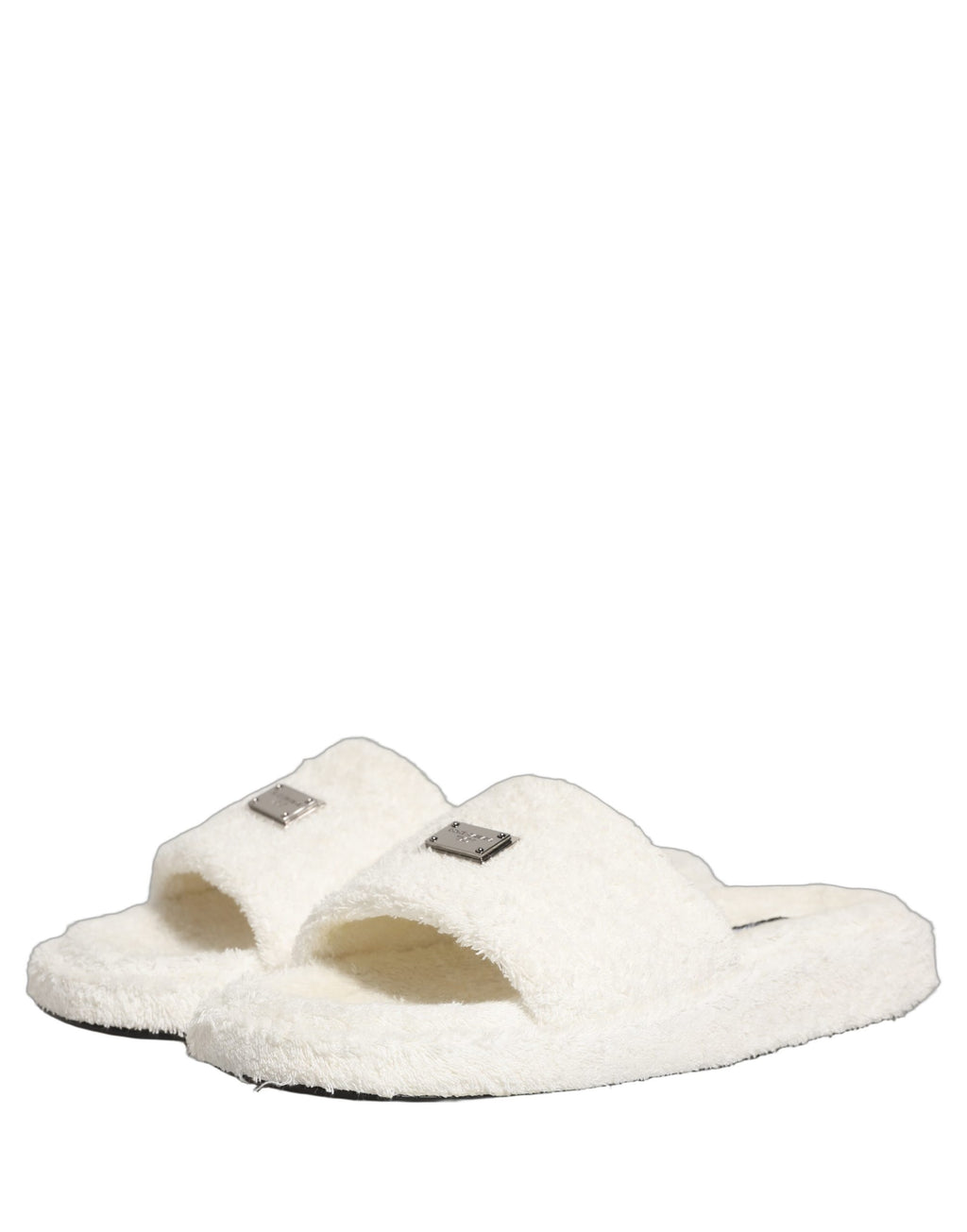 Sandales homme Dolce & Gabbana en fausse fourrure blanche, chaussures plates à slides élégantes et confortables.