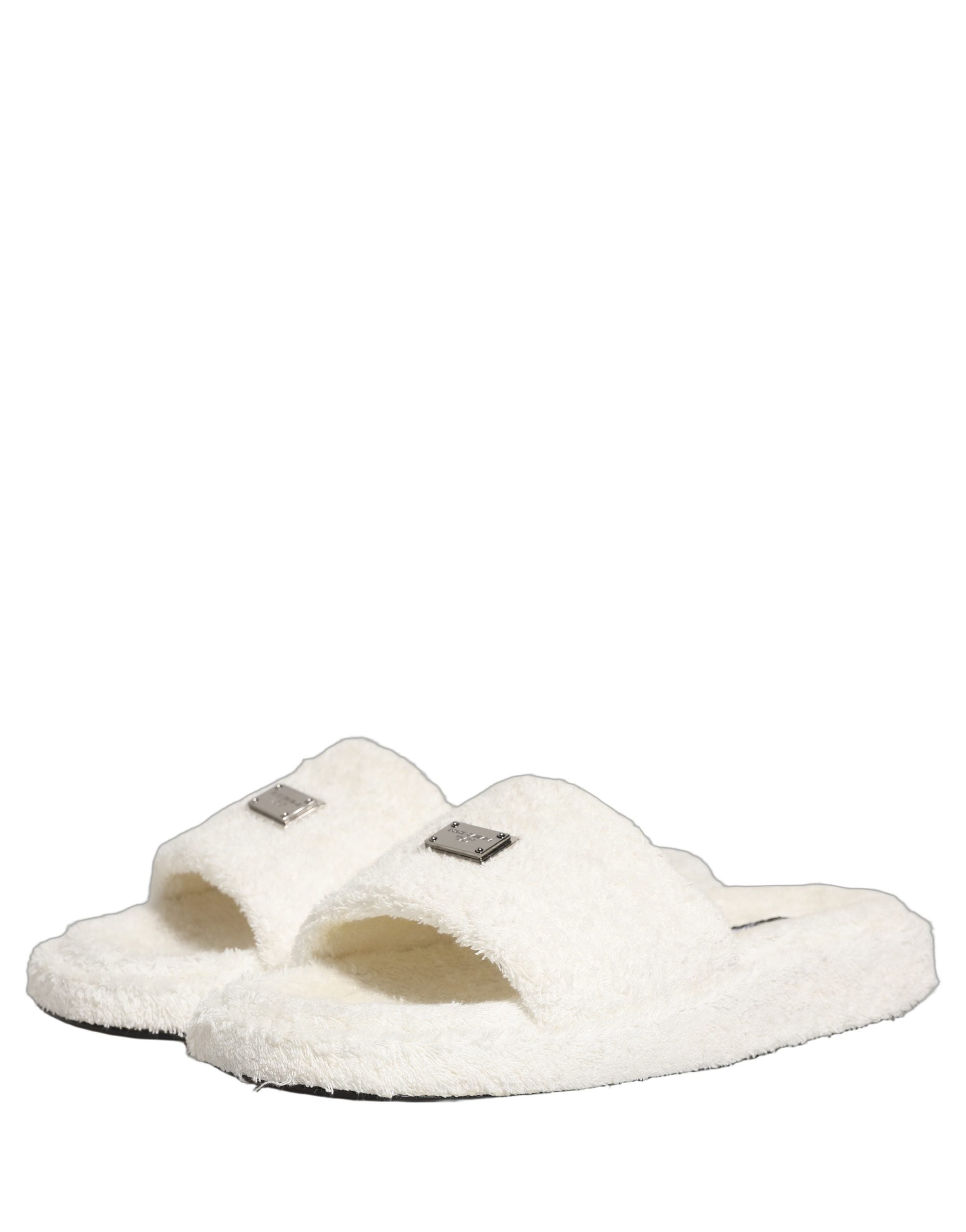 Sandales homme Dolce & Gabbana en fausse fourrure blanche, chaussures plates à slides élégantes et confortables.