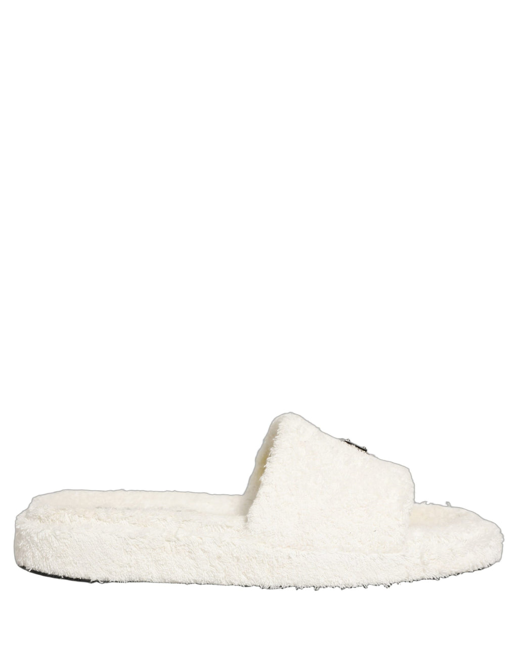 Sandales homme Dolce & Gabbana en fausse fourrure blanche, slides élégants avec semelle plate et design épuré.