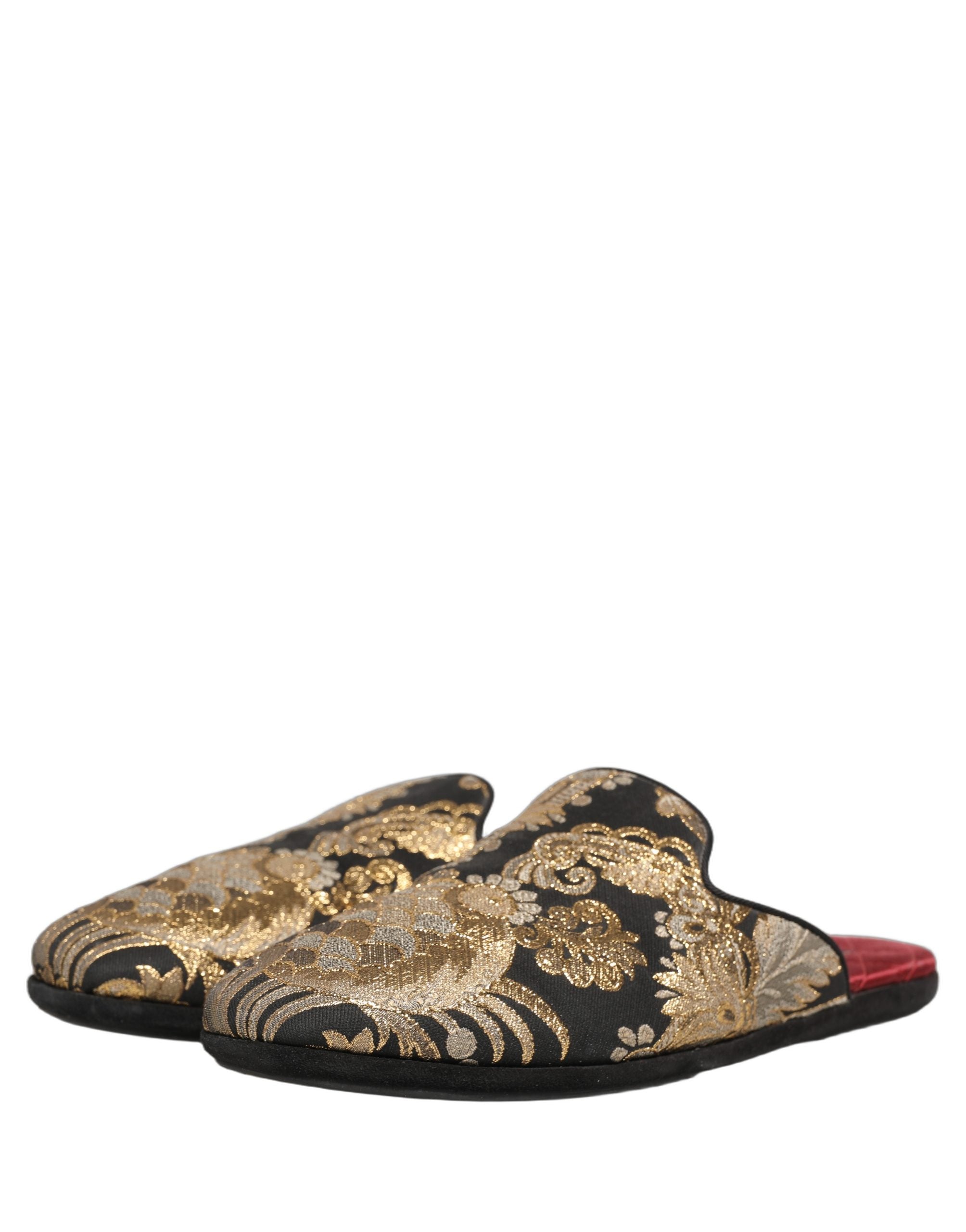 Sandales plates Dolce & Gabbana en jacquard floral noir, chaussures pour hommes élégantes et confortables.