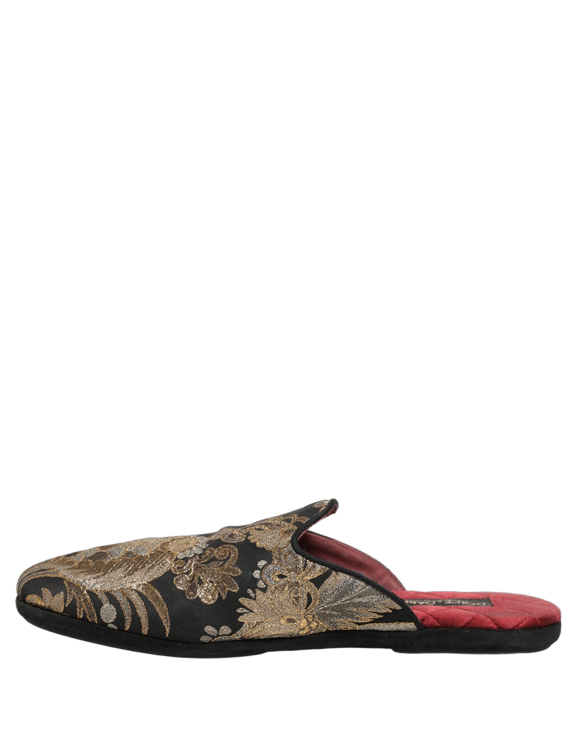 Sandales plates noires à fleurs en jacquard Dolce & Gabbana pour hommes, chaussures élégantes avec motif floral.