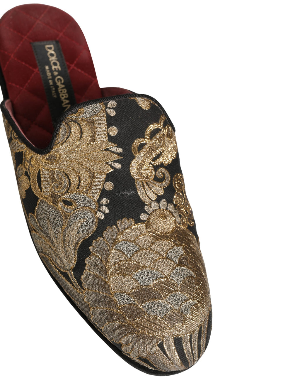 Sandales plates noires Dolce & Gabbana avec jacquard floral pour homme, semelle en cuir et design élégant.