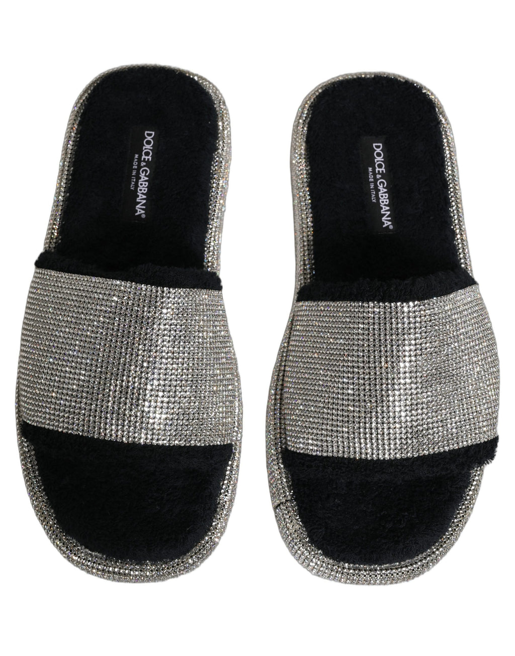 Sandales pour hommes Dolce & Gabbana noires avec cristaux, plateforme élégante et détails brillants visibles sur la chaussure.