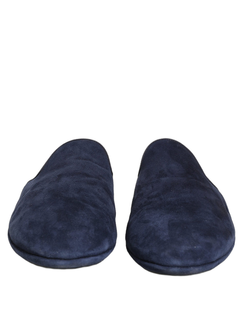 Mules plates en daim bleu Dolce & Gabbana pour hommes, chaussures confortables et élégantes, vue de face.
