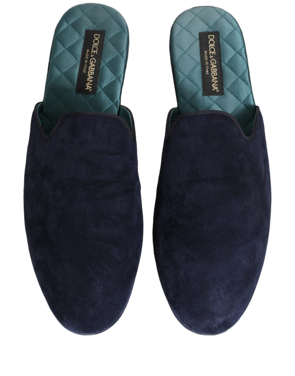 Mules plates en daim bleu Dolce & Gabbana pour hommes, chaussures plates élégantes, vue en gros plan sur la paire.