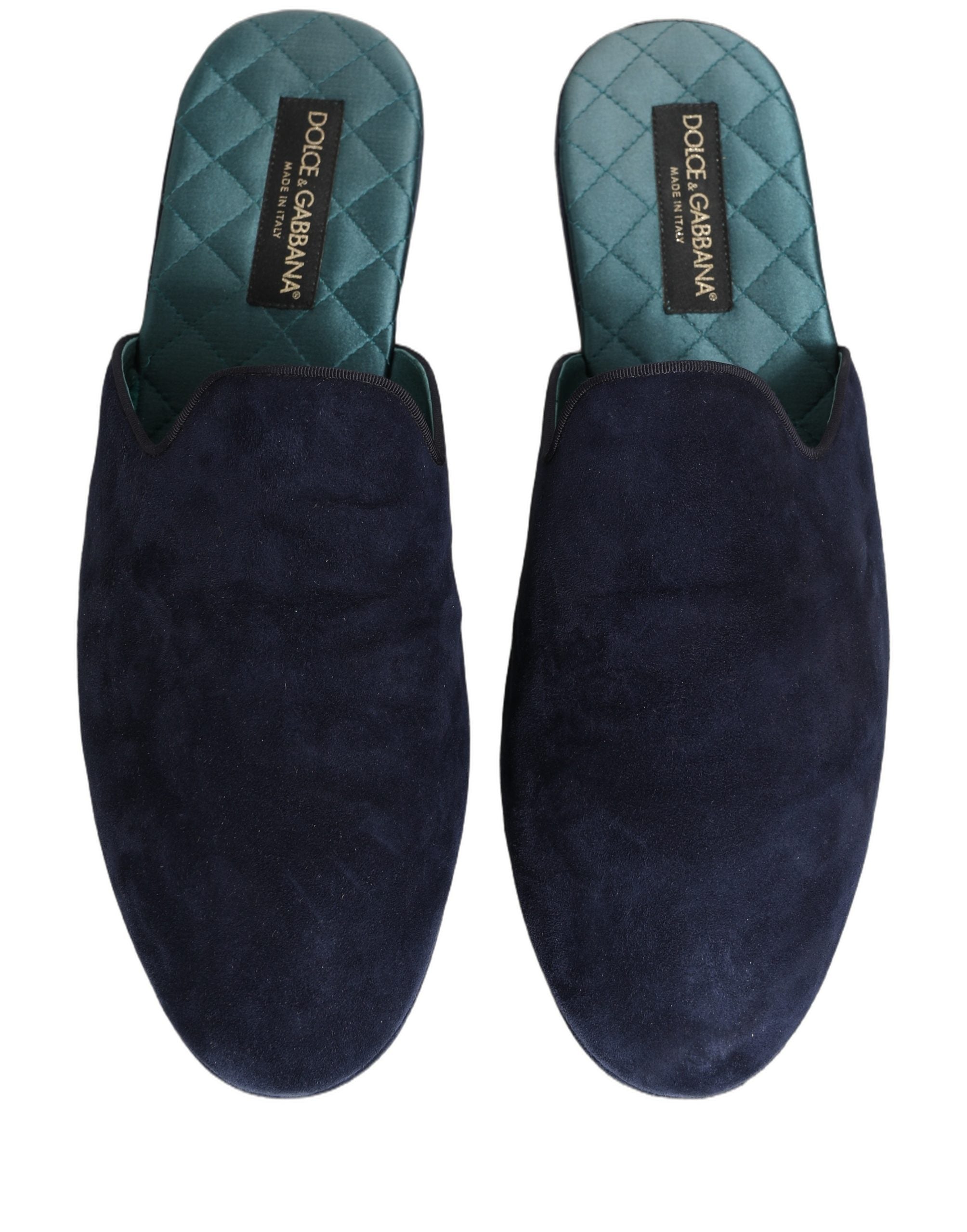 Mules plates en daim bleu Dolce & Gabbana pour hommes, chaussures plates élégantes, vue en gros plan sur la paire.