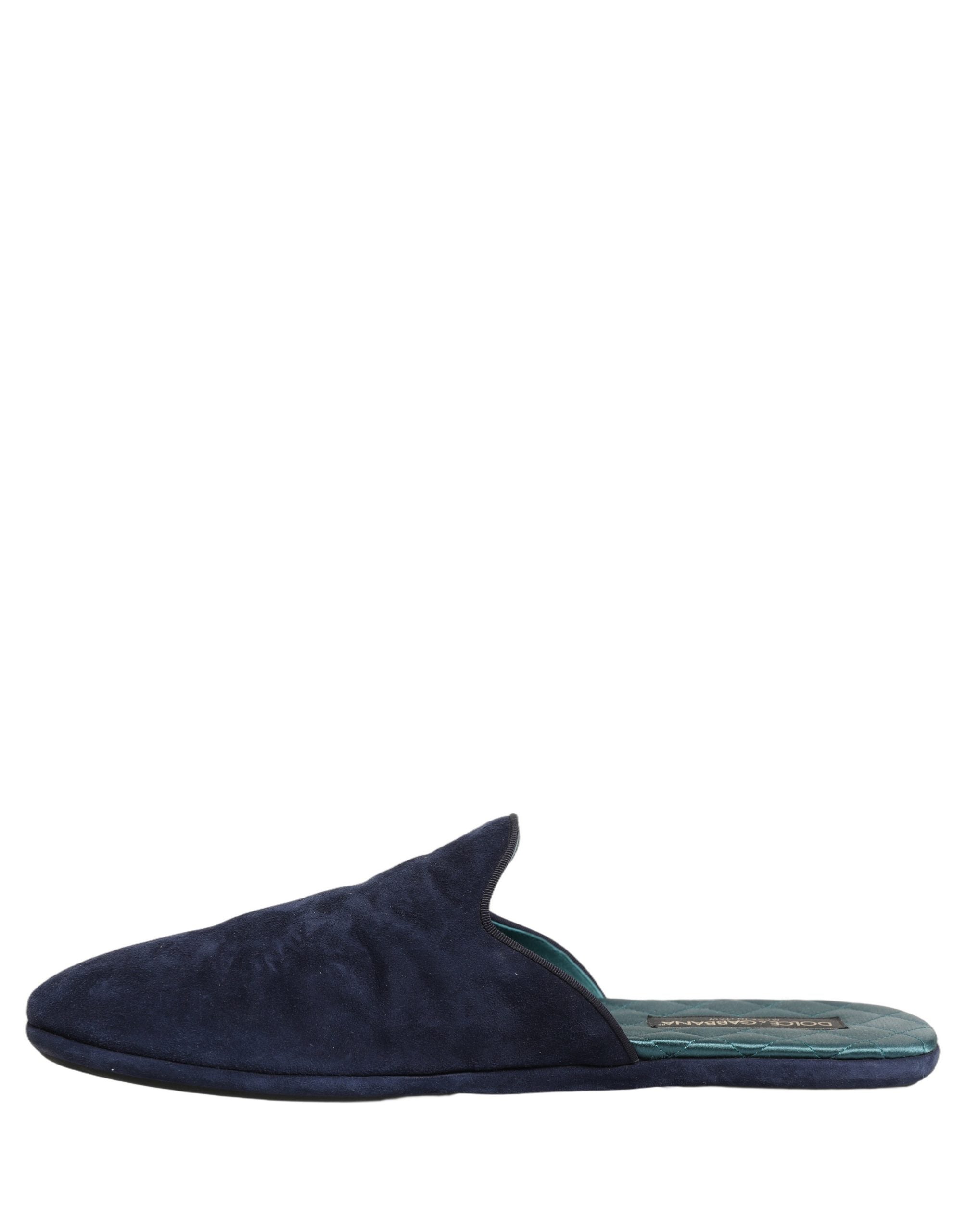 Chaussures hommes Dolce & Gabbana, slippers en daim bleu, semelle plate, style décontracté et élégant.