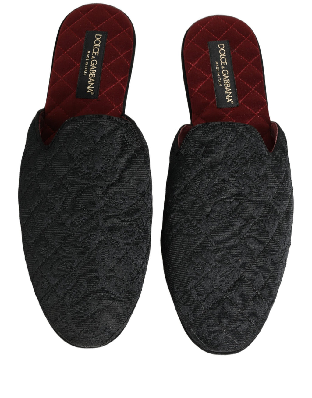 Sandales Dolce & Gabbana en brocart floral noir, chaussons élégants avec design floral sophistiqué.