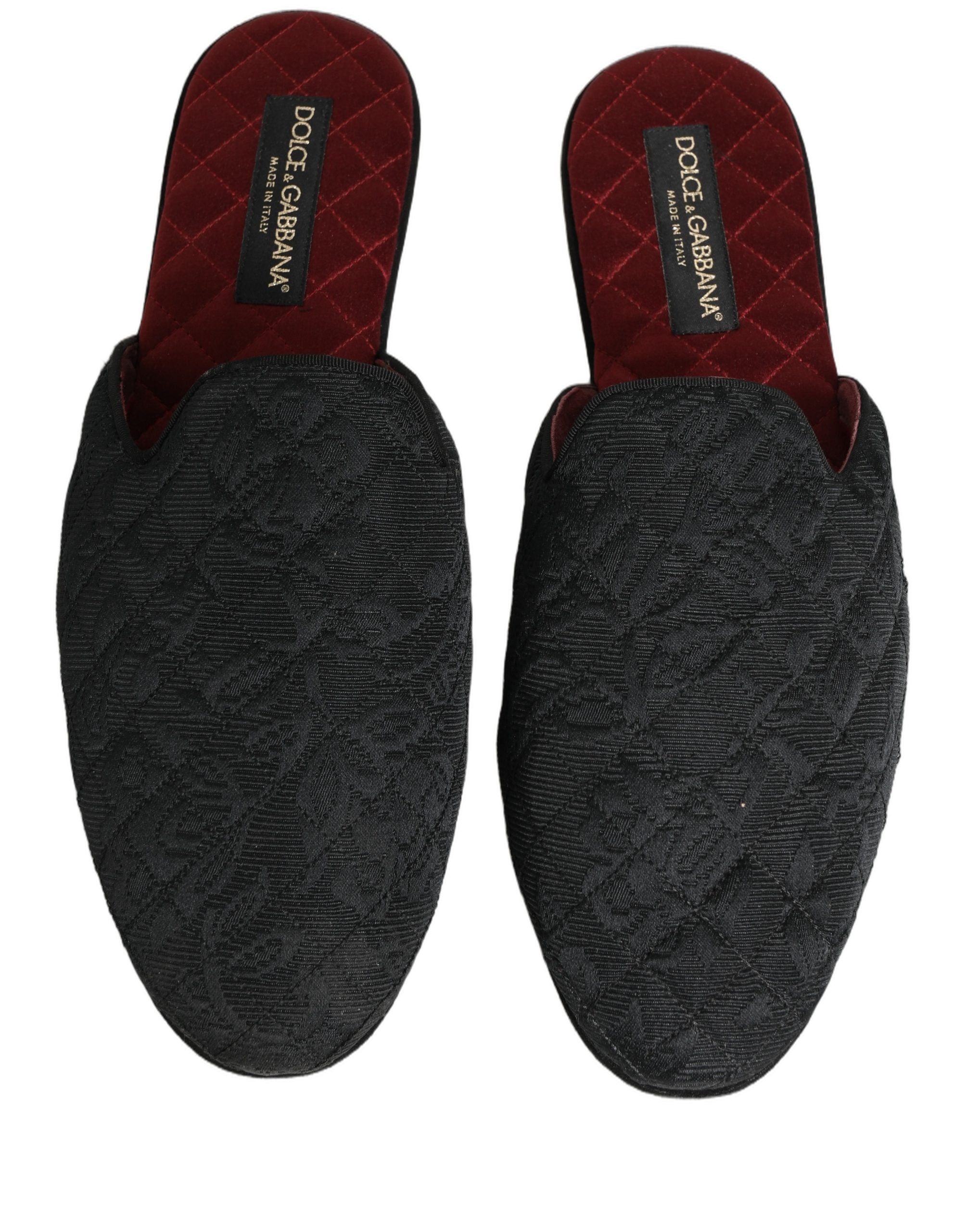 Sandales Dolce & Gabbana en brocart floral noir, chaussons élégants avec design floral sophistiqué.