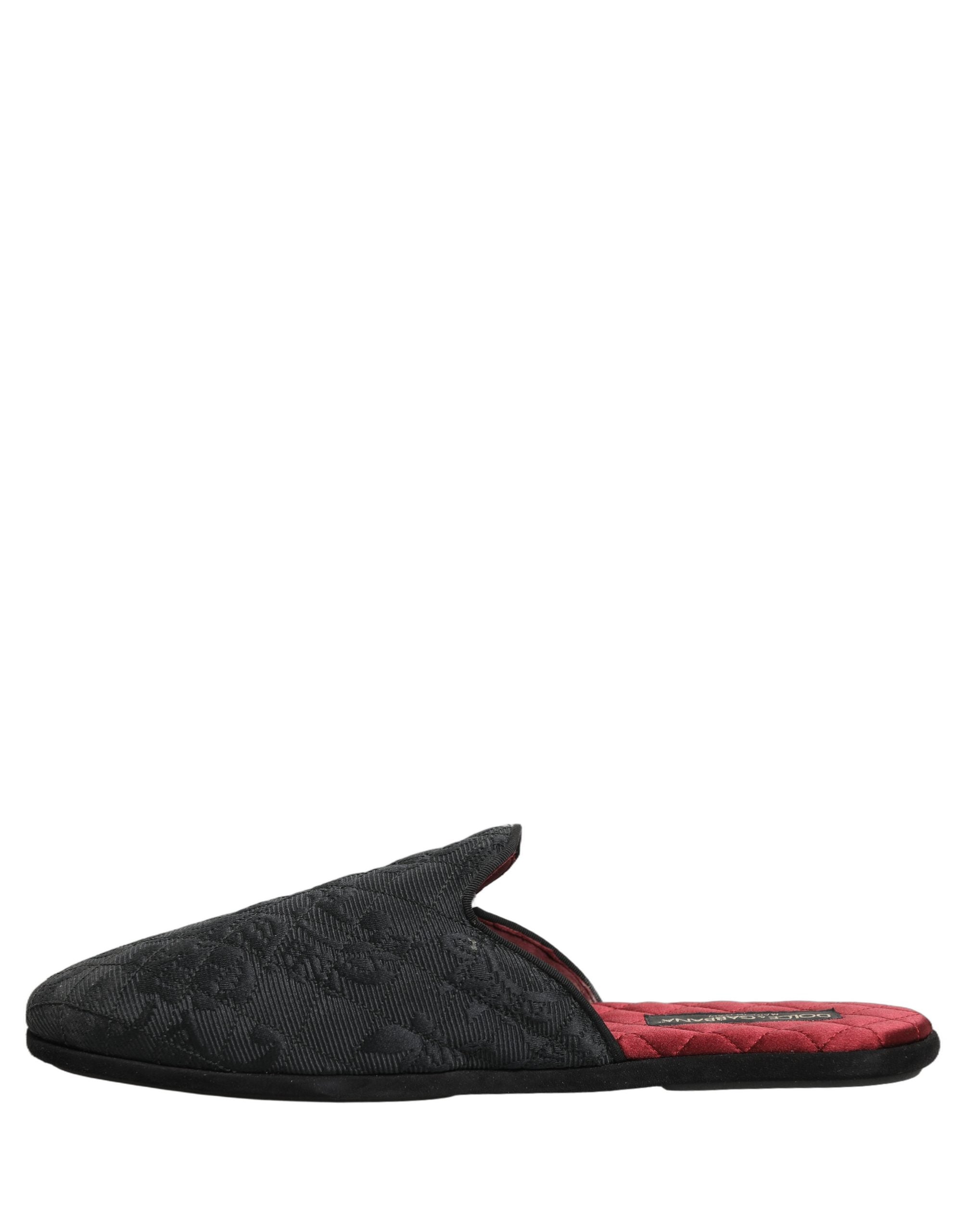 Chaussures Dolce & Gabbana en satin noir avec broderie florale, pantoufles à semelle plate élégantes.