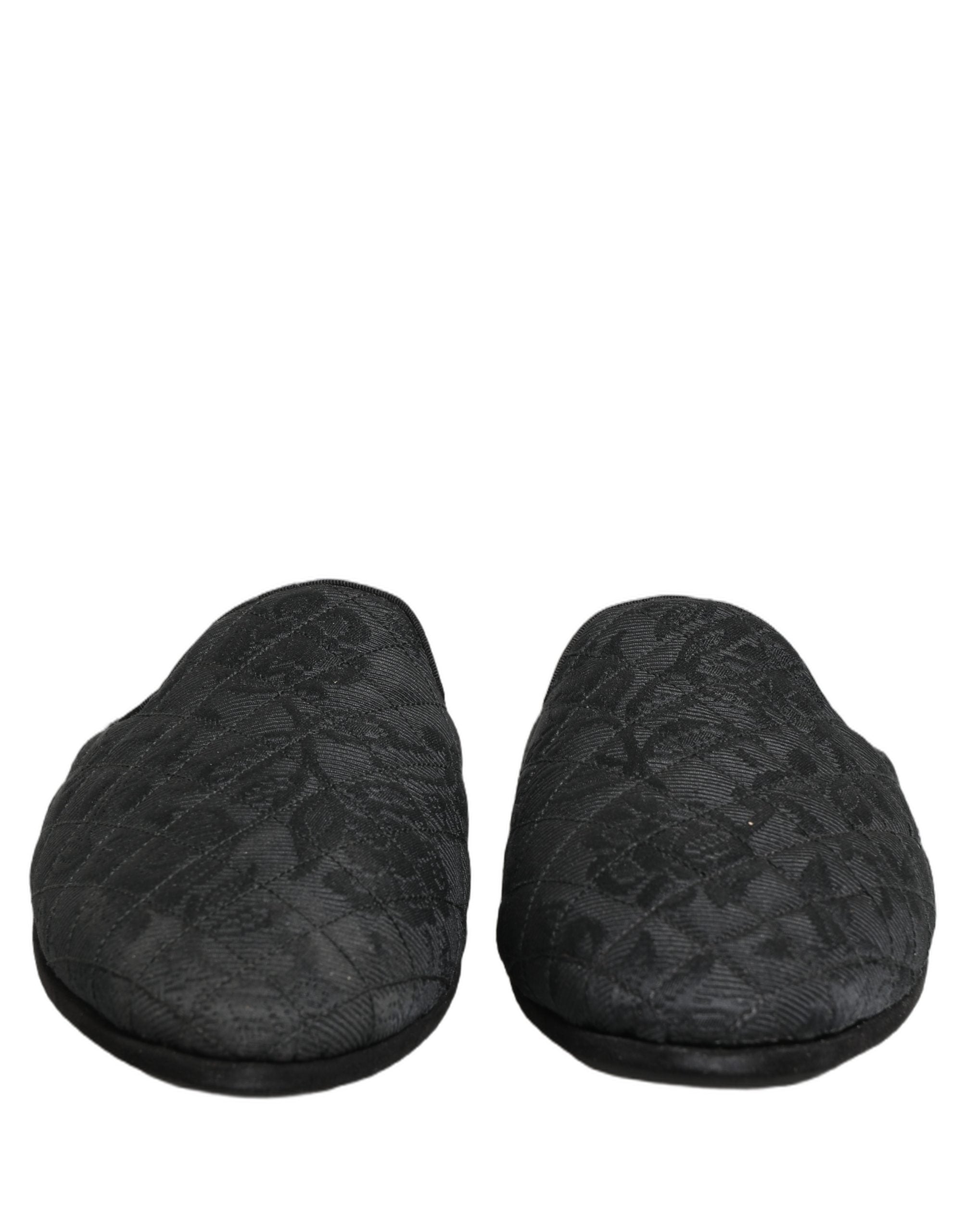Pantoufles Dolce & Gabbana en brocart noir à motifs floraux, style élégant et confortable pour femme.