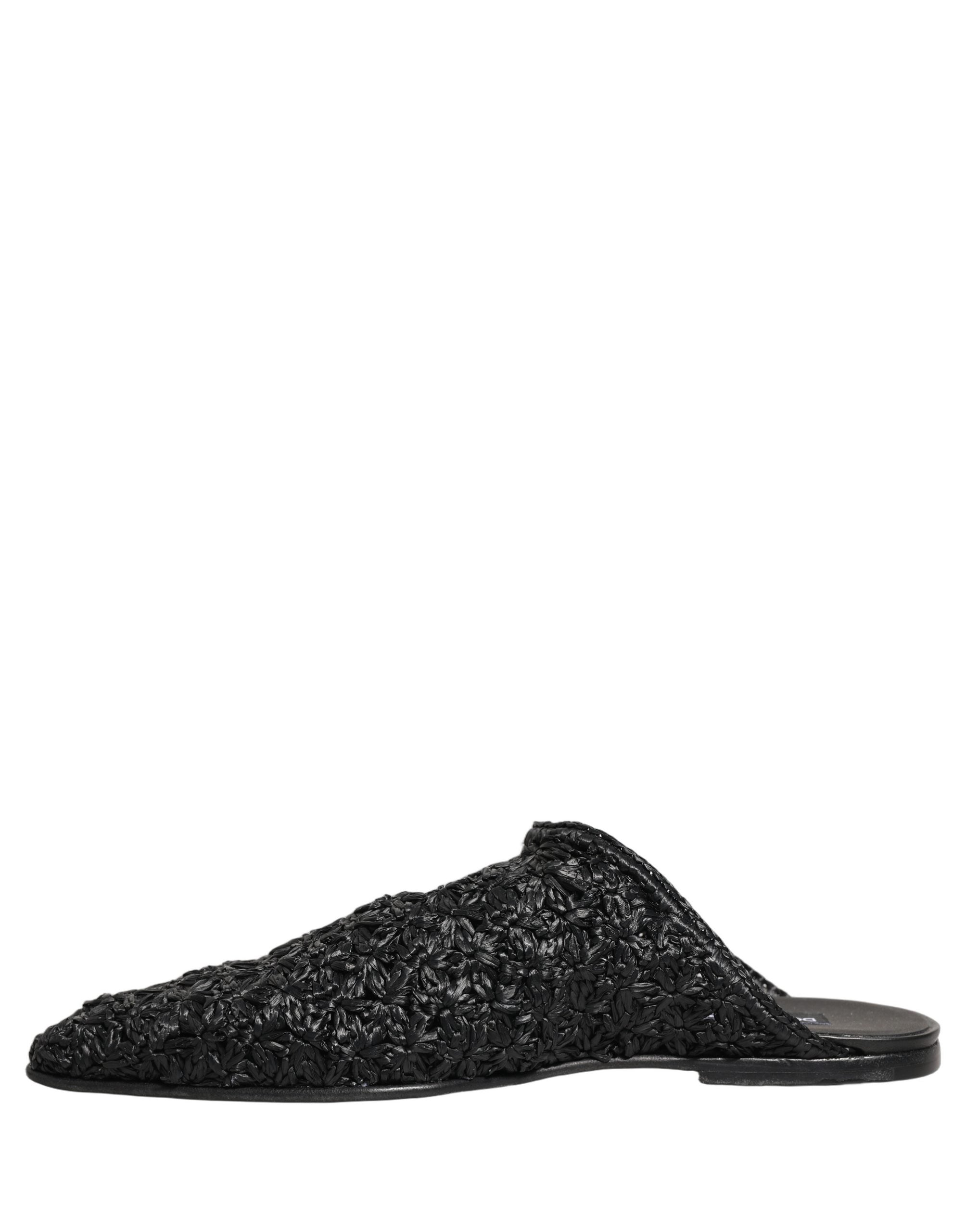 Mules noires Dolce & Gabbana pour hommes, chaussures plates en cuir, slides élégants et confortables, vues de face sur fond neutre.