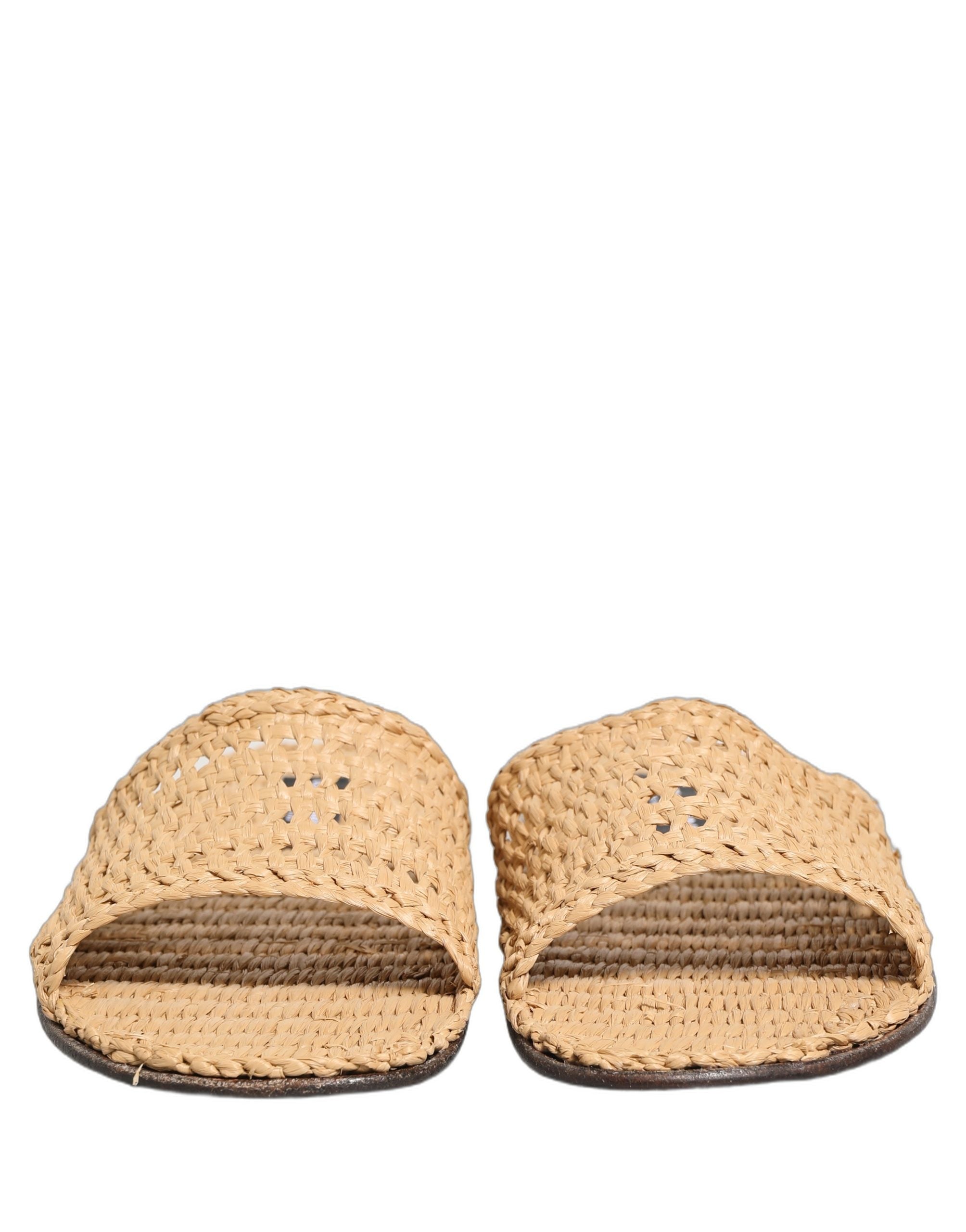 Sandales plates en paille beige Dolce & Gabbana, chaussures de style slides avec design élégant et confortable.