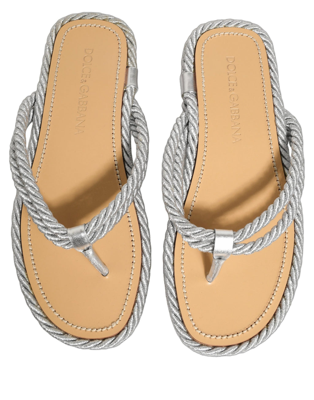 Sandales slip-on Dolce & Gabbana en corde argentée, chaussures de plage élégantes et confortables pour l'été.