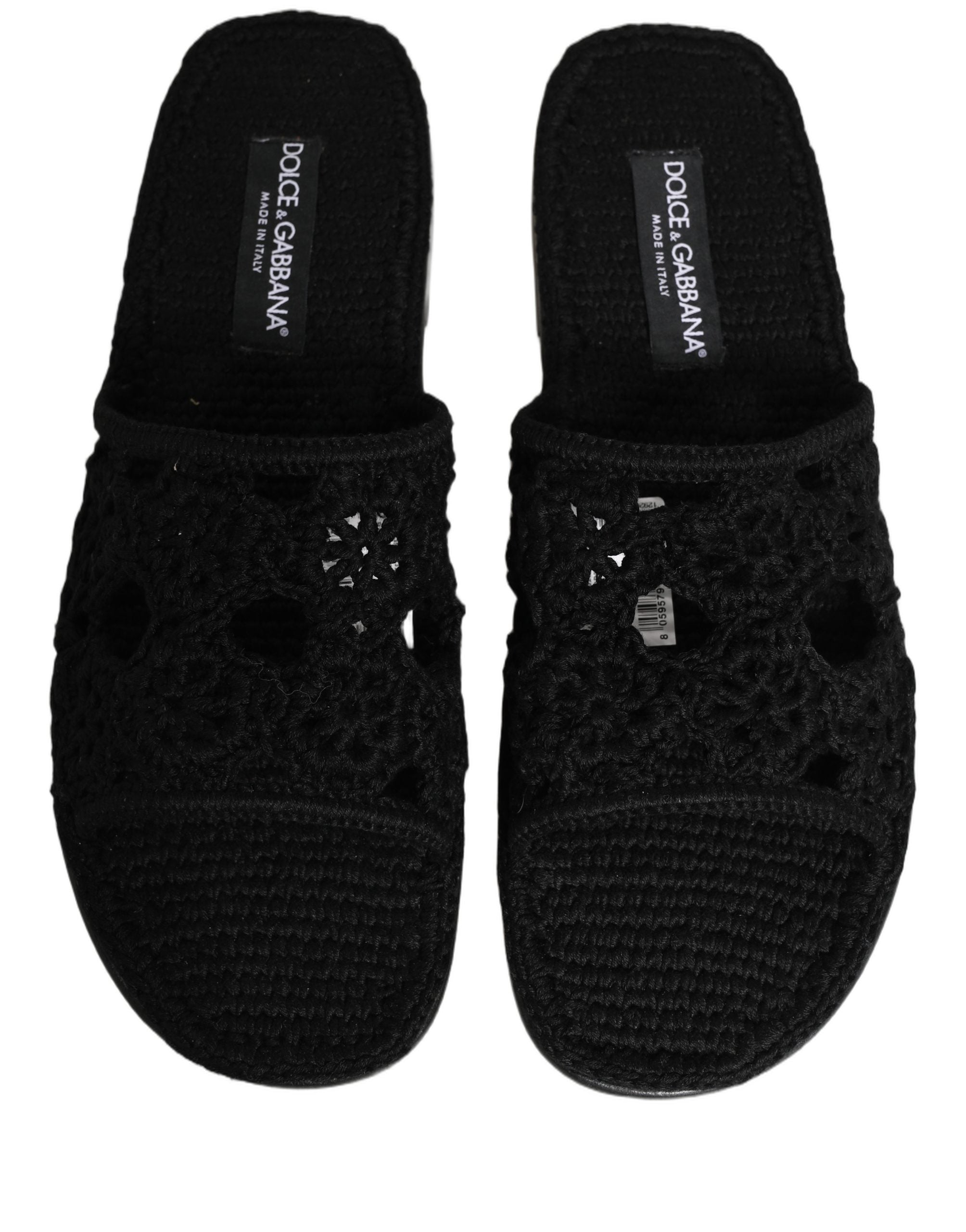 Sandales plates en tissu noir de Dolce & Gabbana, chaussures tissées élégantes pour femmes.