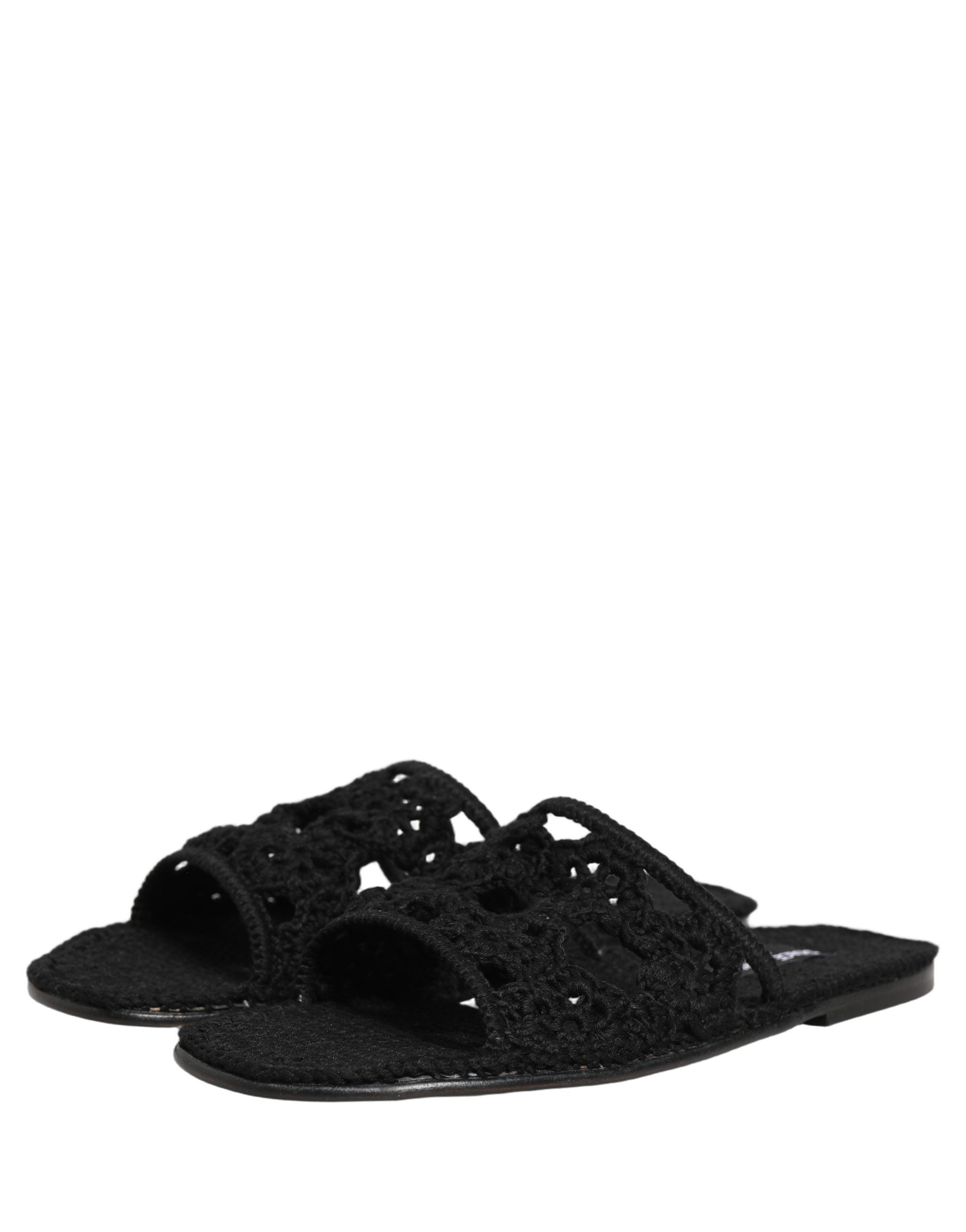 Sandales plates en tissu noir de Dolce & Gabbana avec tissage, chaussures décontractées élégantes pour femmes.