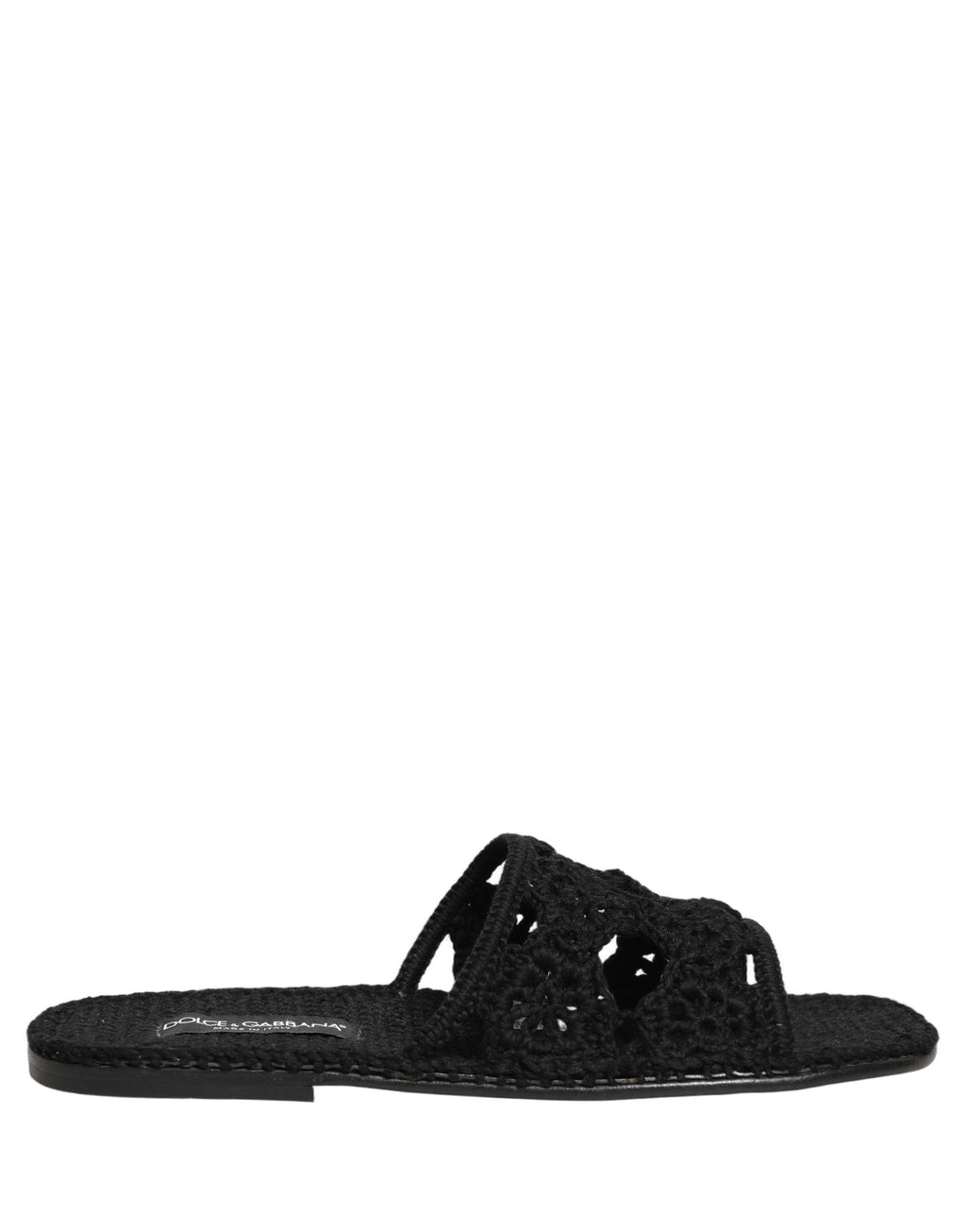 Sandales plates en tissu noir Dolce & Gabbana avec semelle tissée, chaussons élégants et confortables.