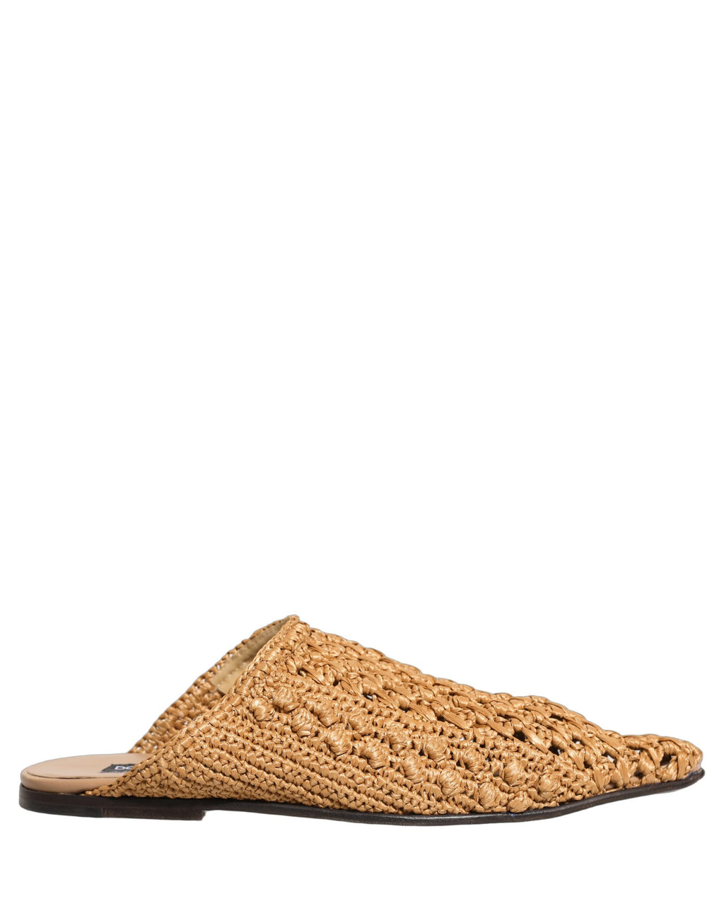 Sandales plates Dolce & Gabbana en paille beige, slides élégants avec tissage naturel et design sophistiqué.