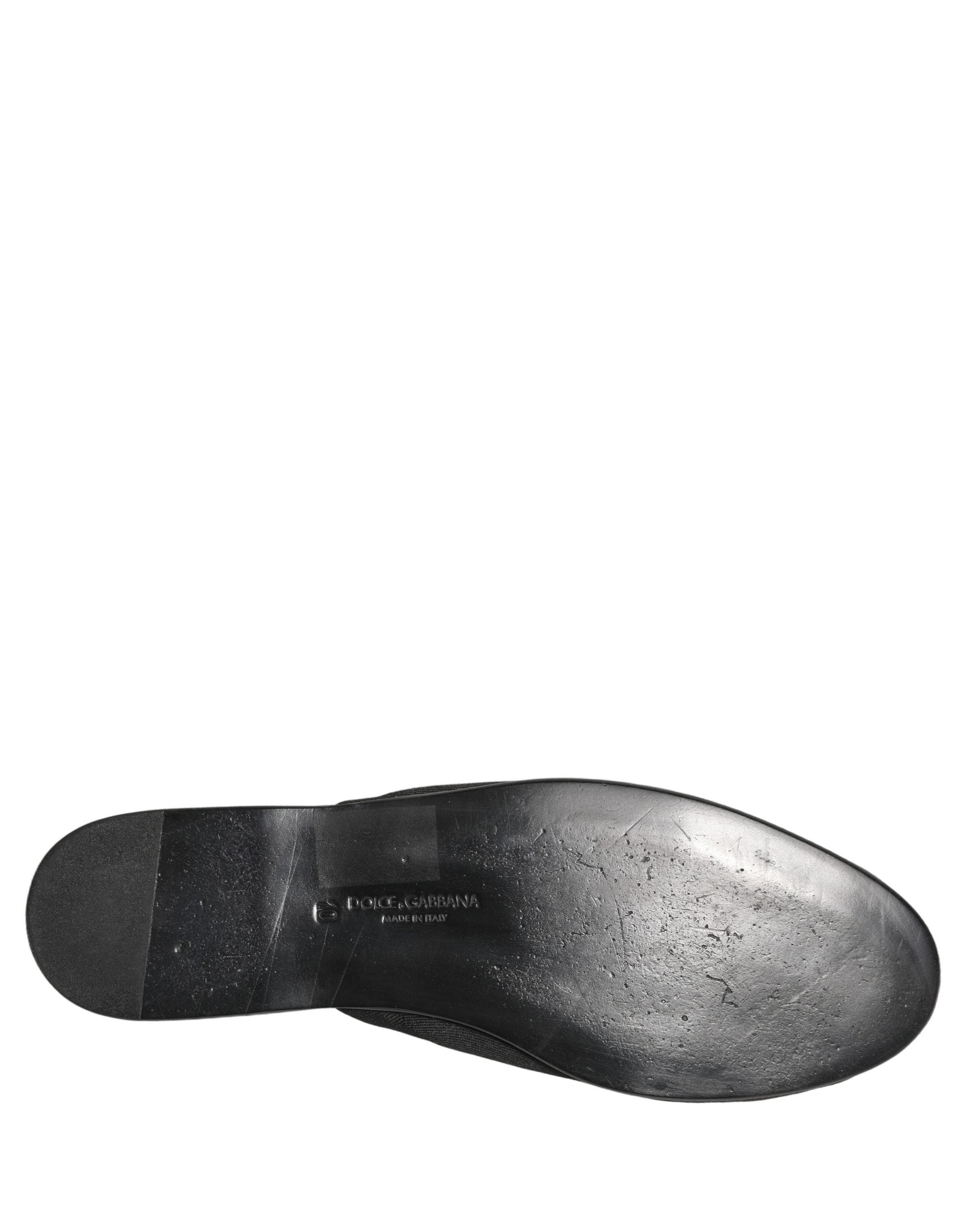 Chaussures hommes Dolce & Gabbana, slippers plates en daim noir, slip-on confortables et élégants pour l'été.