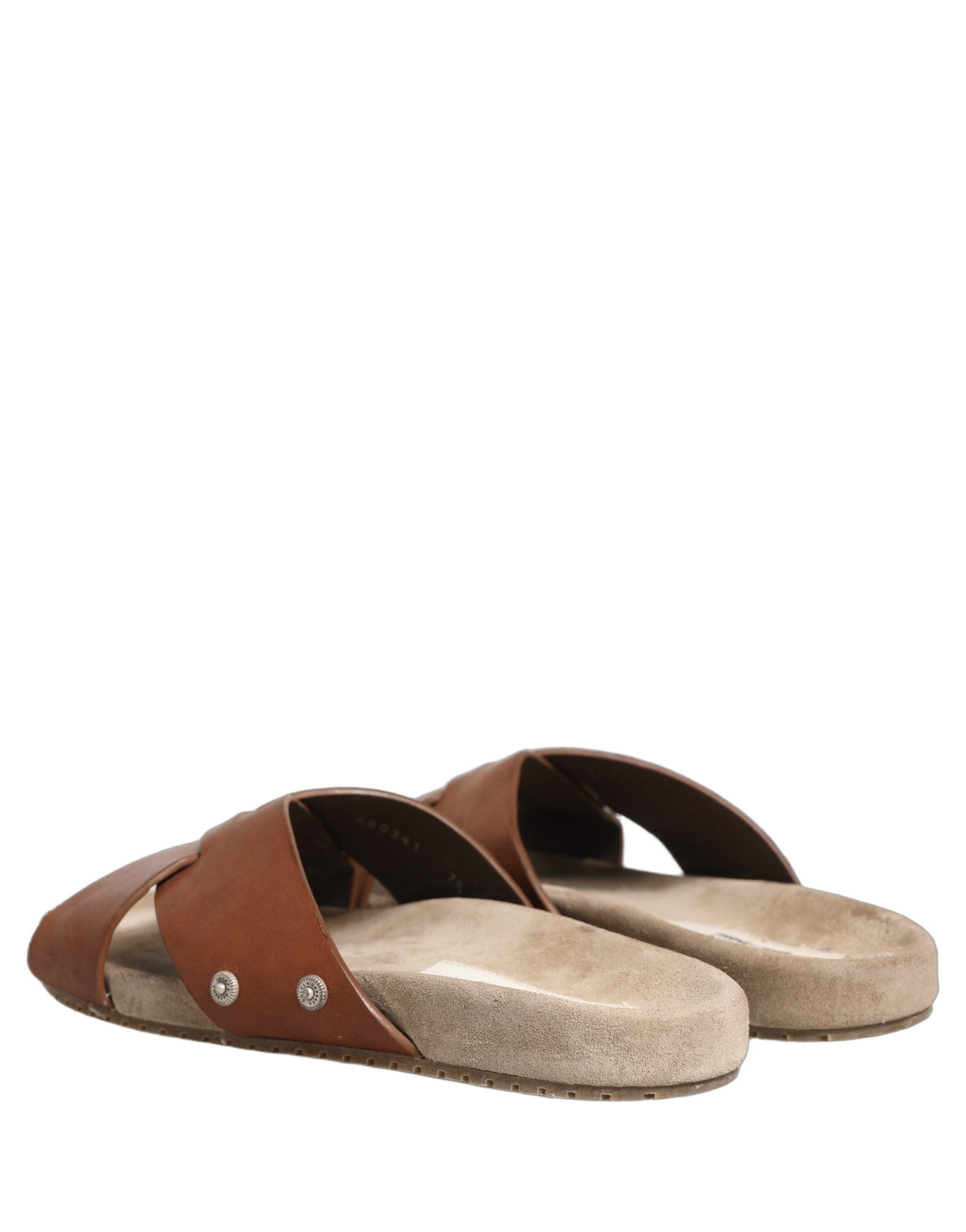 Sandales Dolce & Gabbana en cuir de veau marron, slides élégantes et confortables, vues de face avec semelle en cuir.