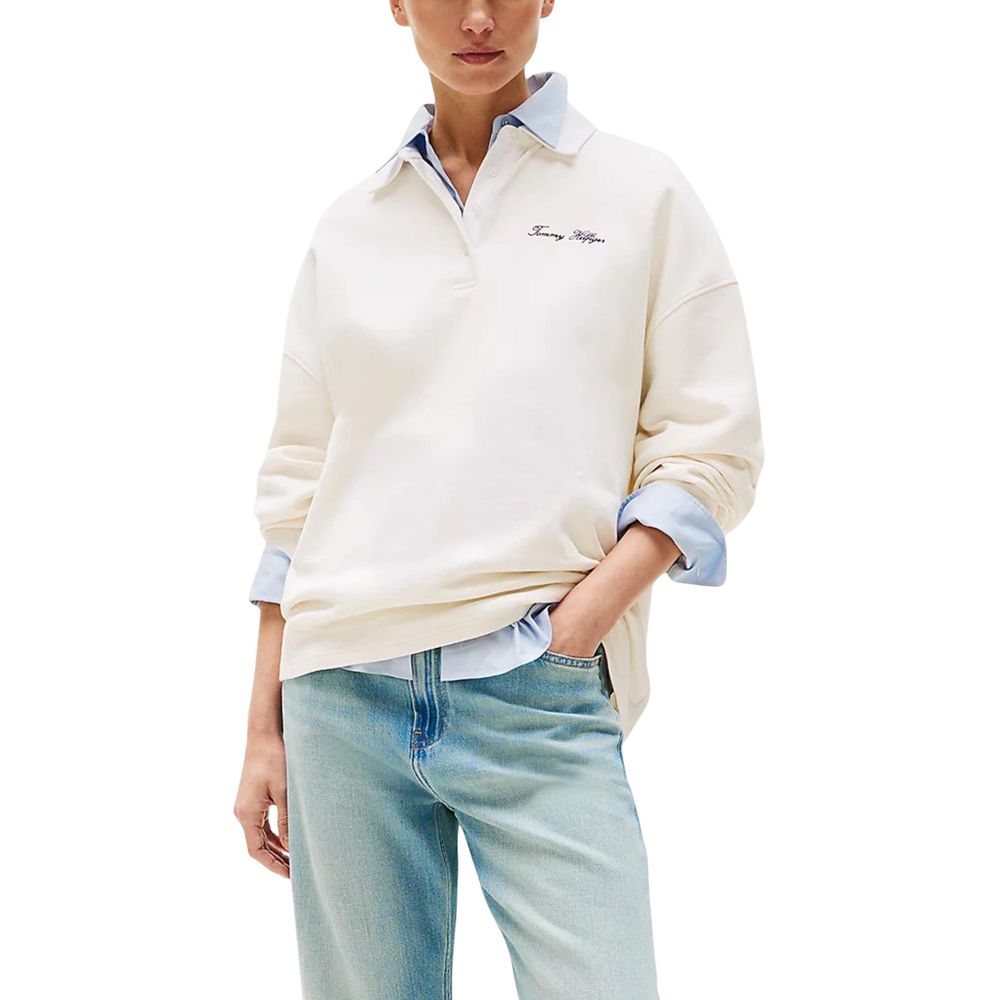 Sweat-shirt beige en polyamide de Tommy Hilfiger, avec logo emblématique, manches longues et coupe décontractée.