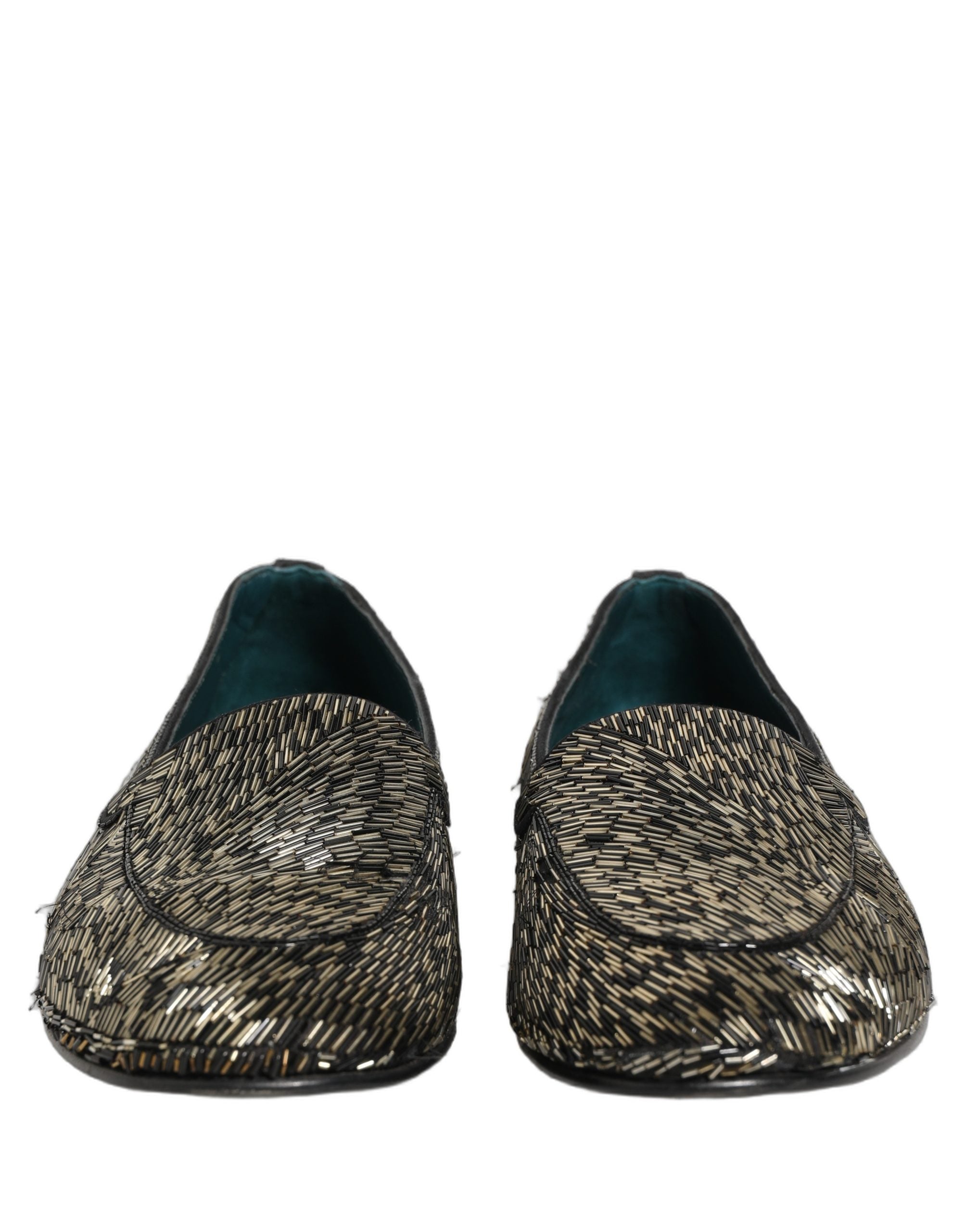 Chaussures loafers Dolce & Gabbana noires et argentées avec embellissements, style élégant et sophistiqué.