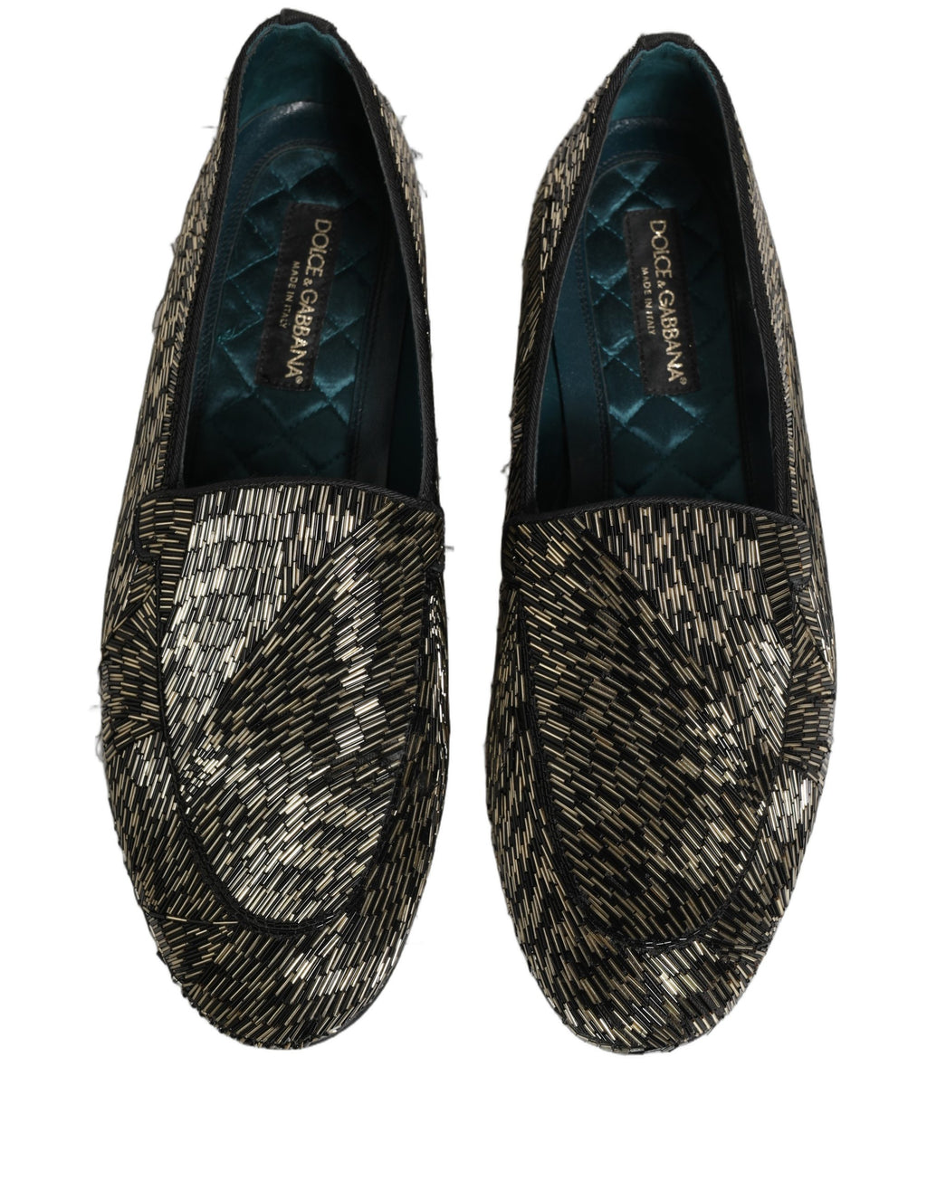 Chaussures mocassins Dolce & Gabbana noires et argentées, ornées de détails brillants et embellissements sophistiqués, pour femmes.