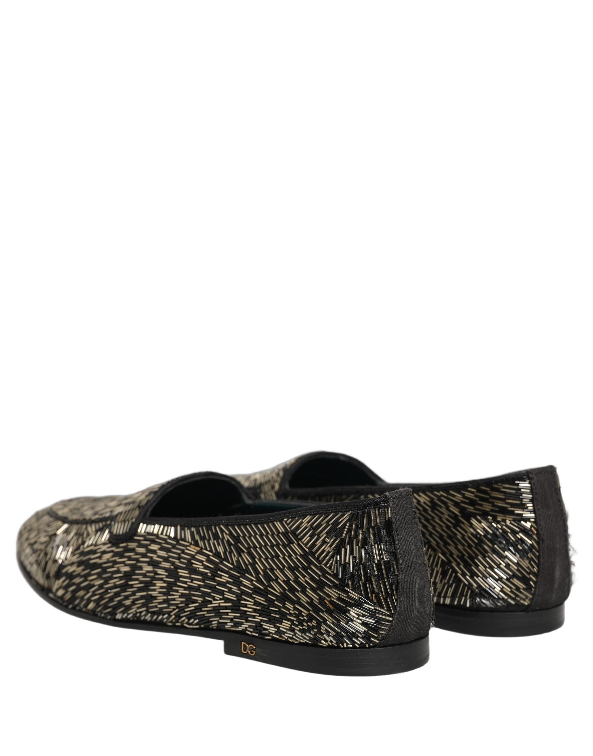 Chaussures loafers Dolce & Gabbana noires et argentées ornées de détails brillants, élégantes et sophistiquées.